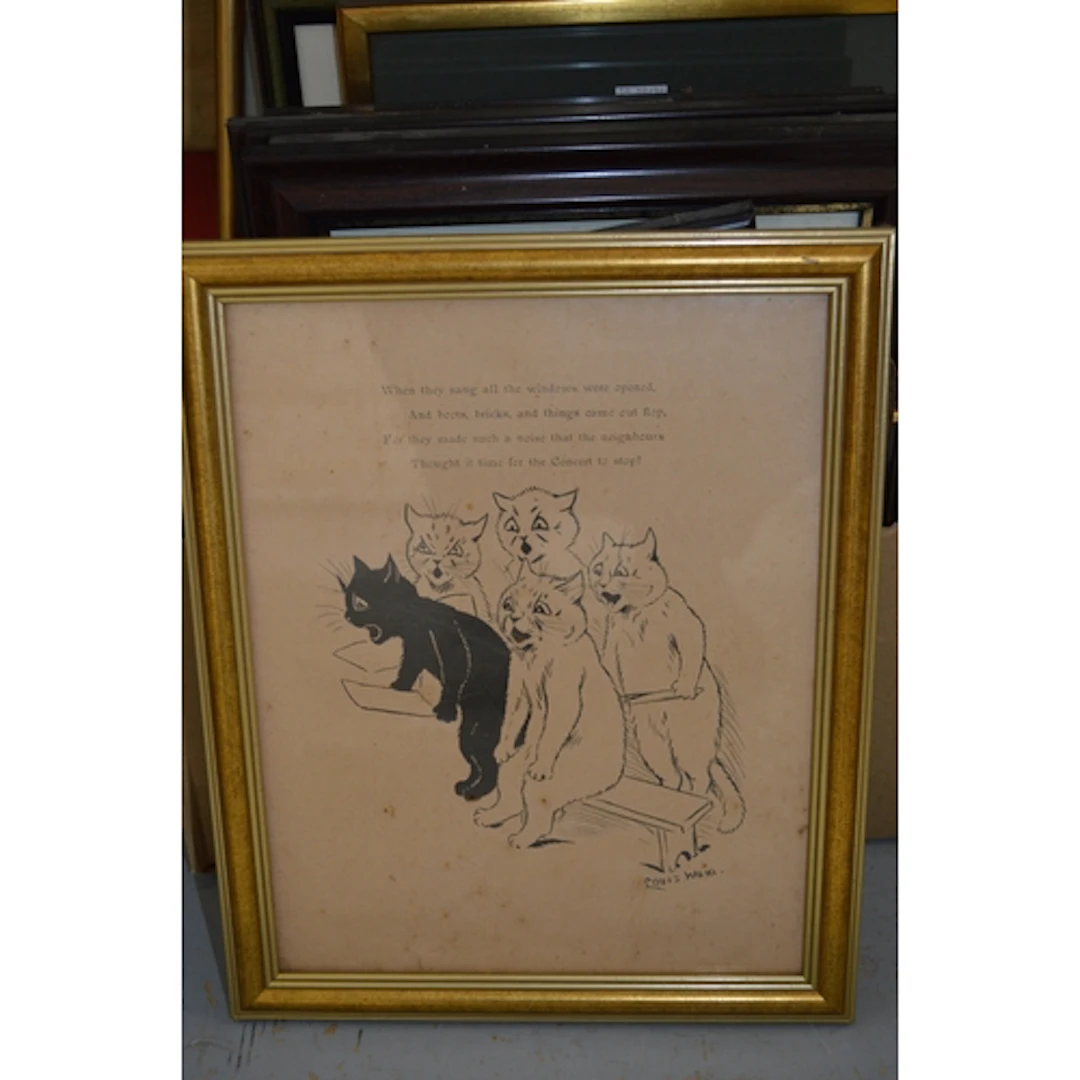 Quantity of framed prints, including Louis Wain subjects