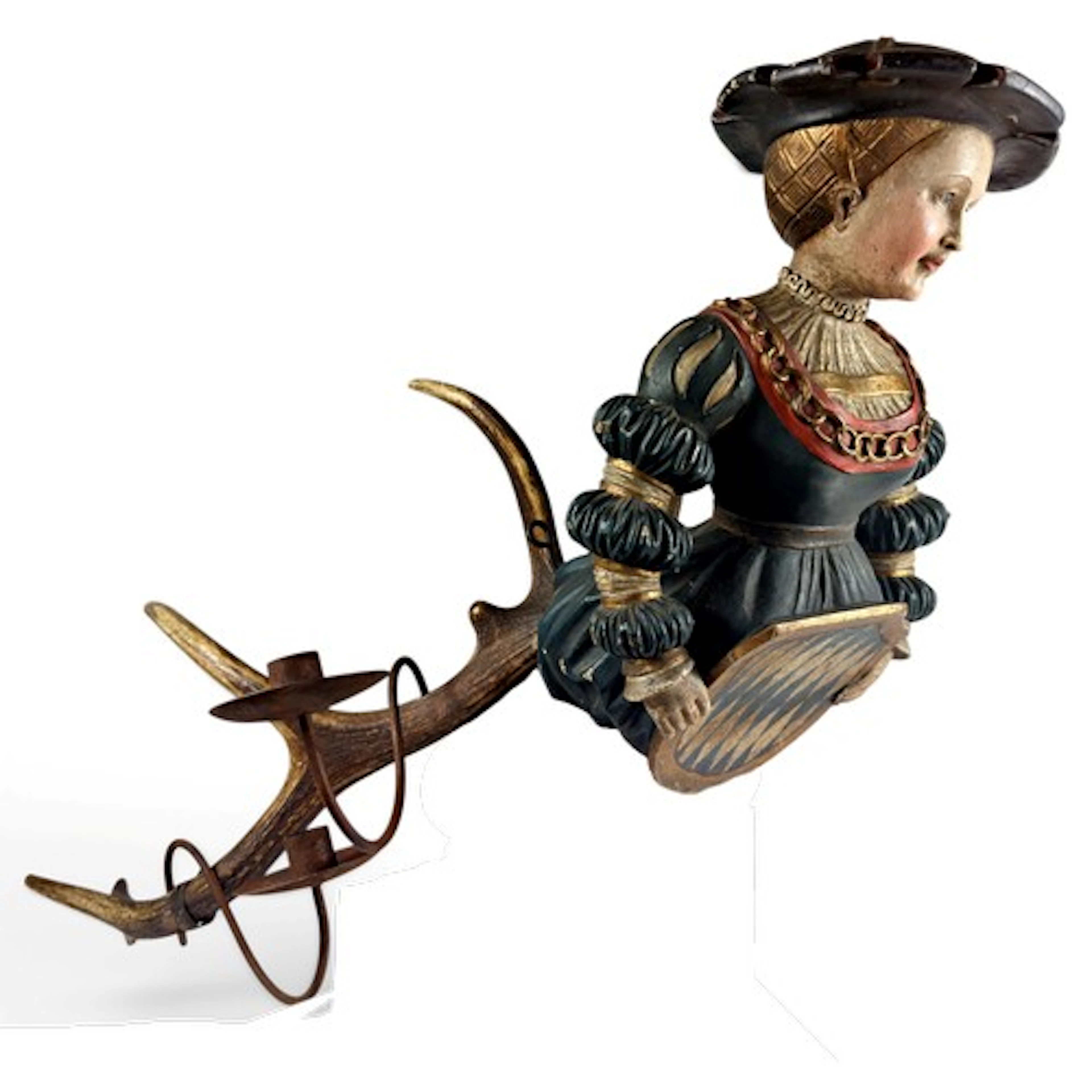 A decorative carved polychrome wood, gesso and stag-antler l...