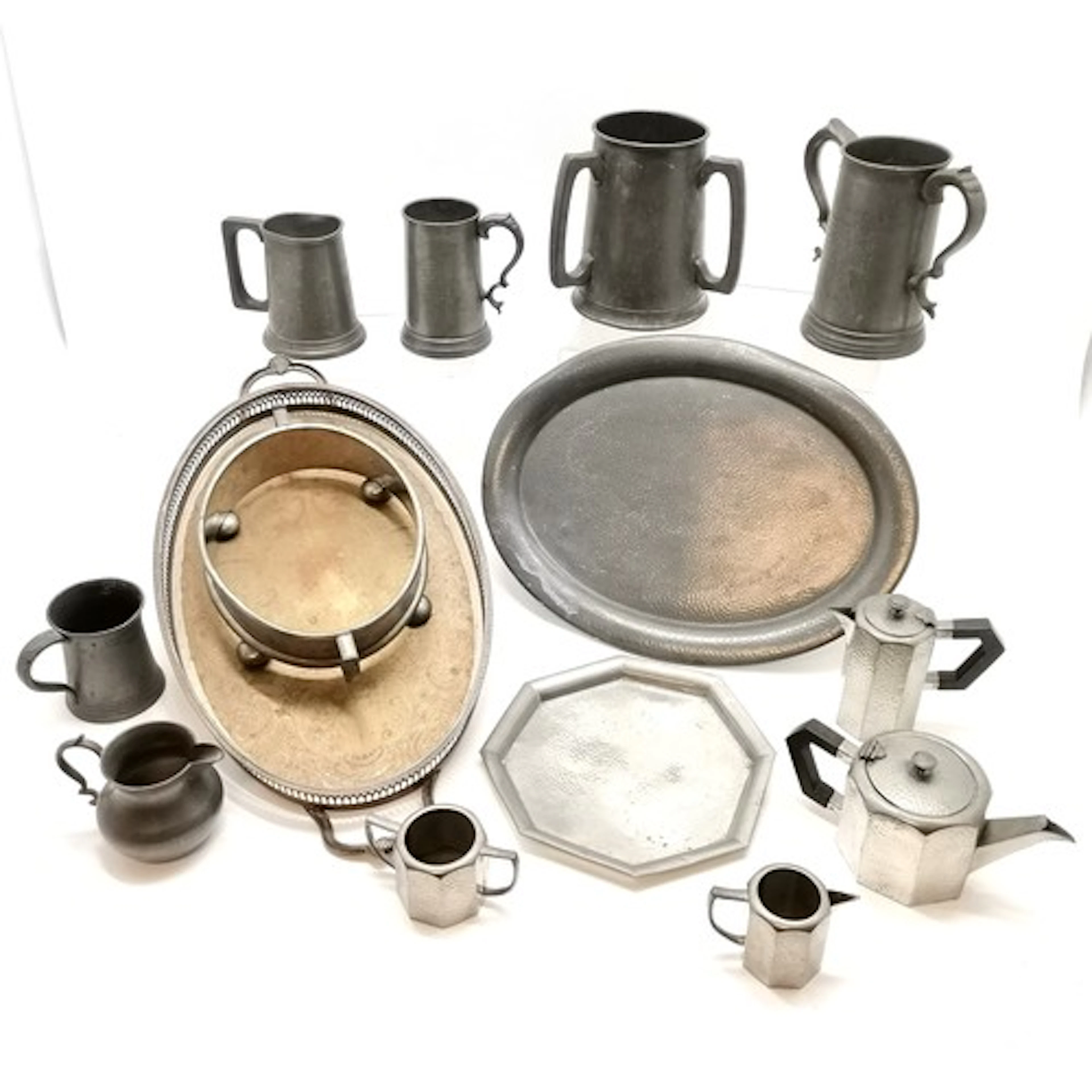 Qty of pewter inc antique, large tyg tankard with glass base...
