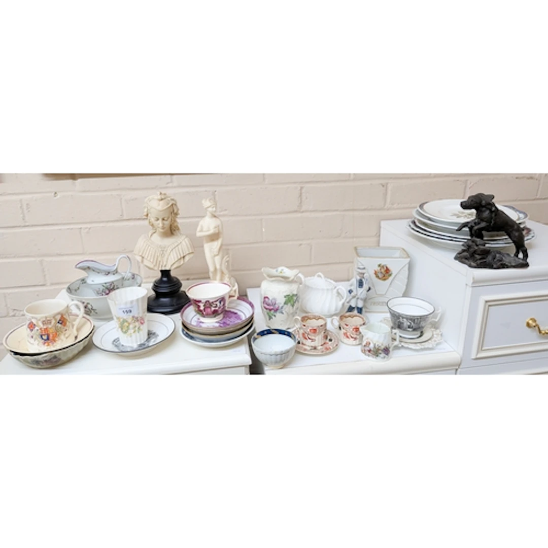 Victorian china and two Parian style lady figurines