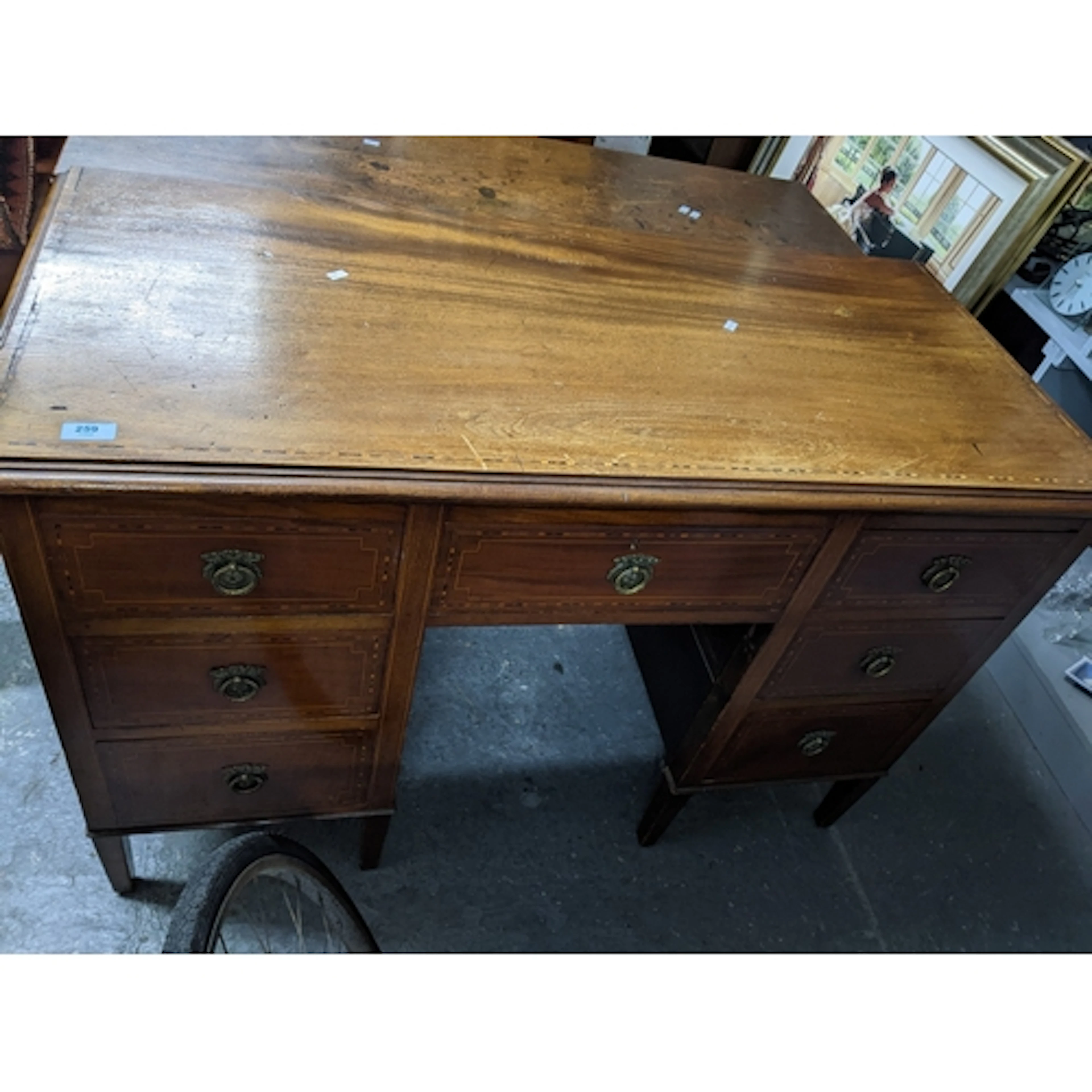 Edwardian inlaid mahogany twin pedestal knee hole desk, five...