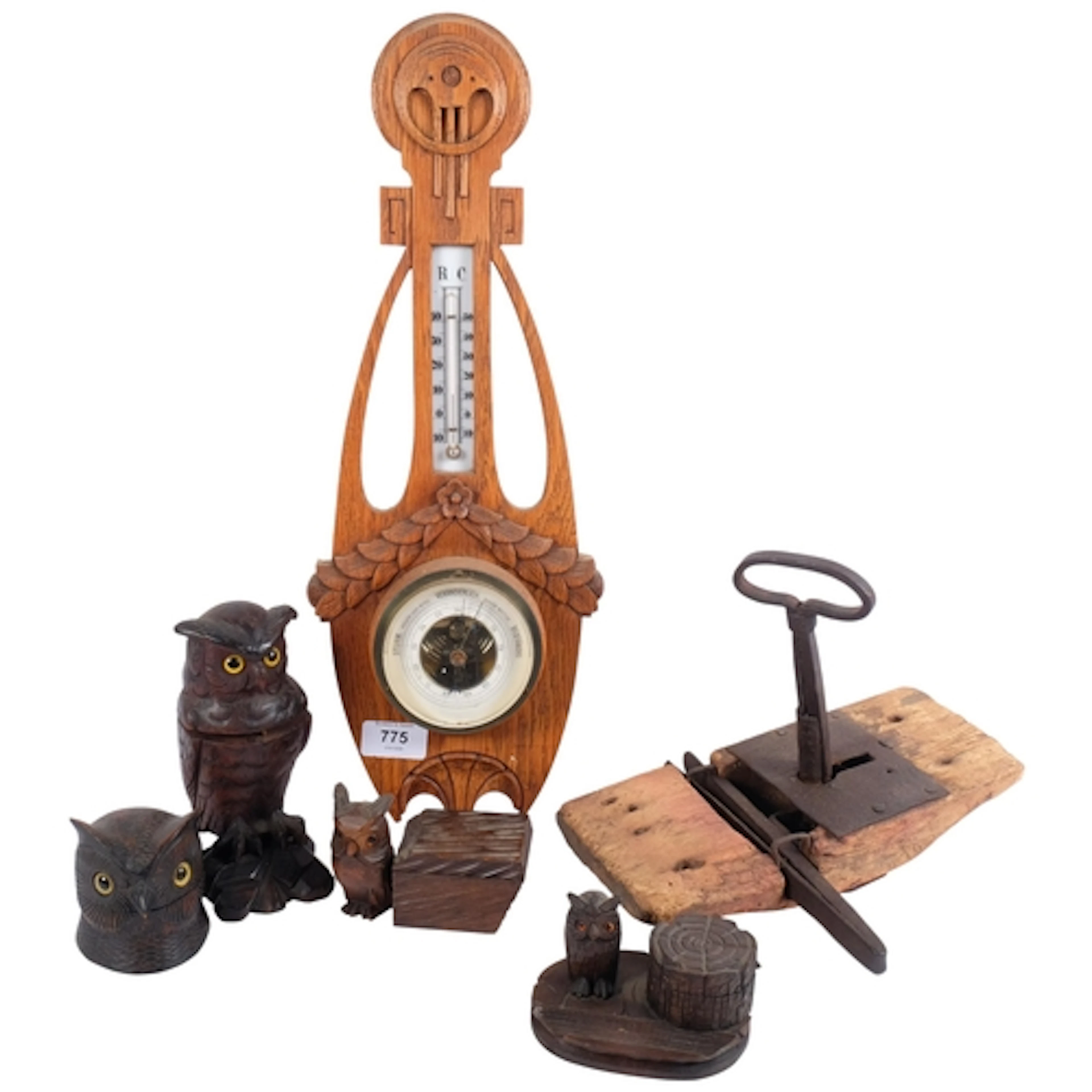 An Antique steel lock with key, 4 Vintage carved wood owl fi...