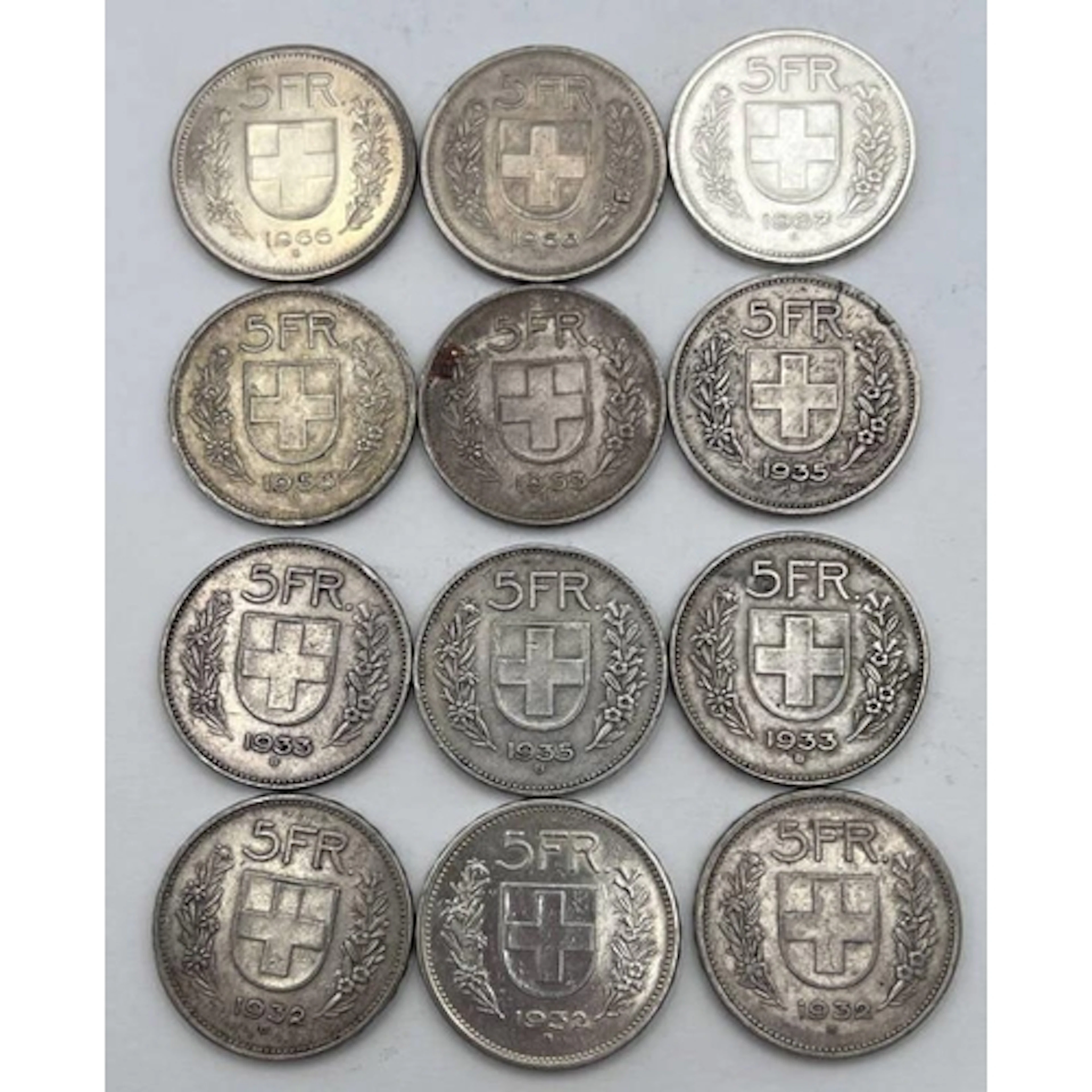 12 SWITZERLAND 5 FRANC SILVER CONTENT COINS ALL 1932 - 1968,...