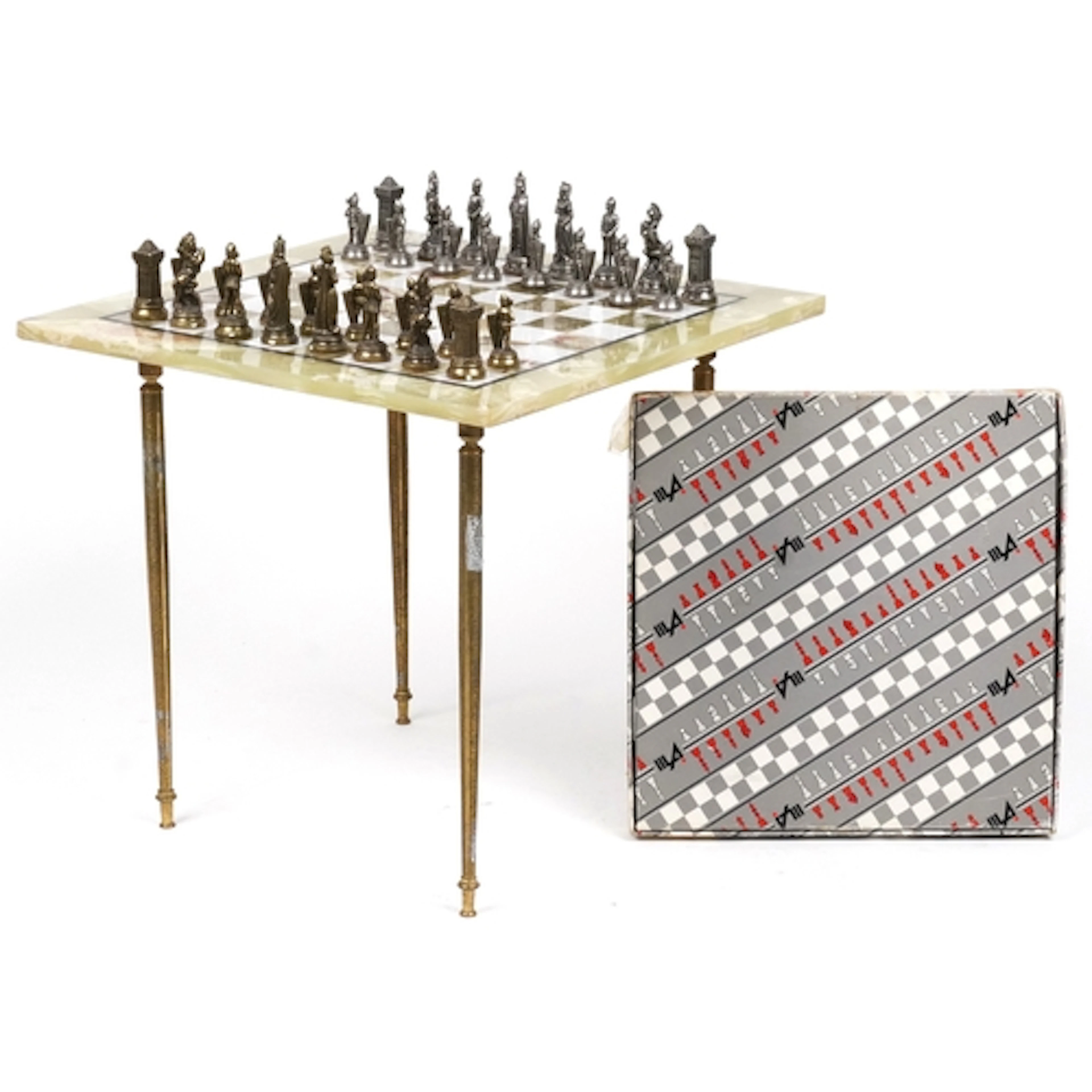 Green onyx chess board table together with a set of Marie St...