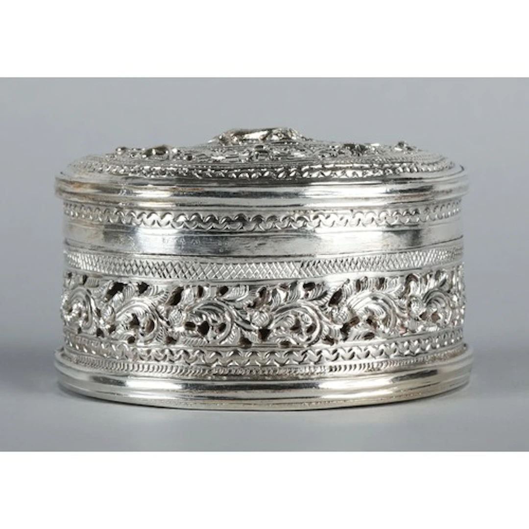 Burmese Shan silver coloured betel box (paan dan) of crescen...