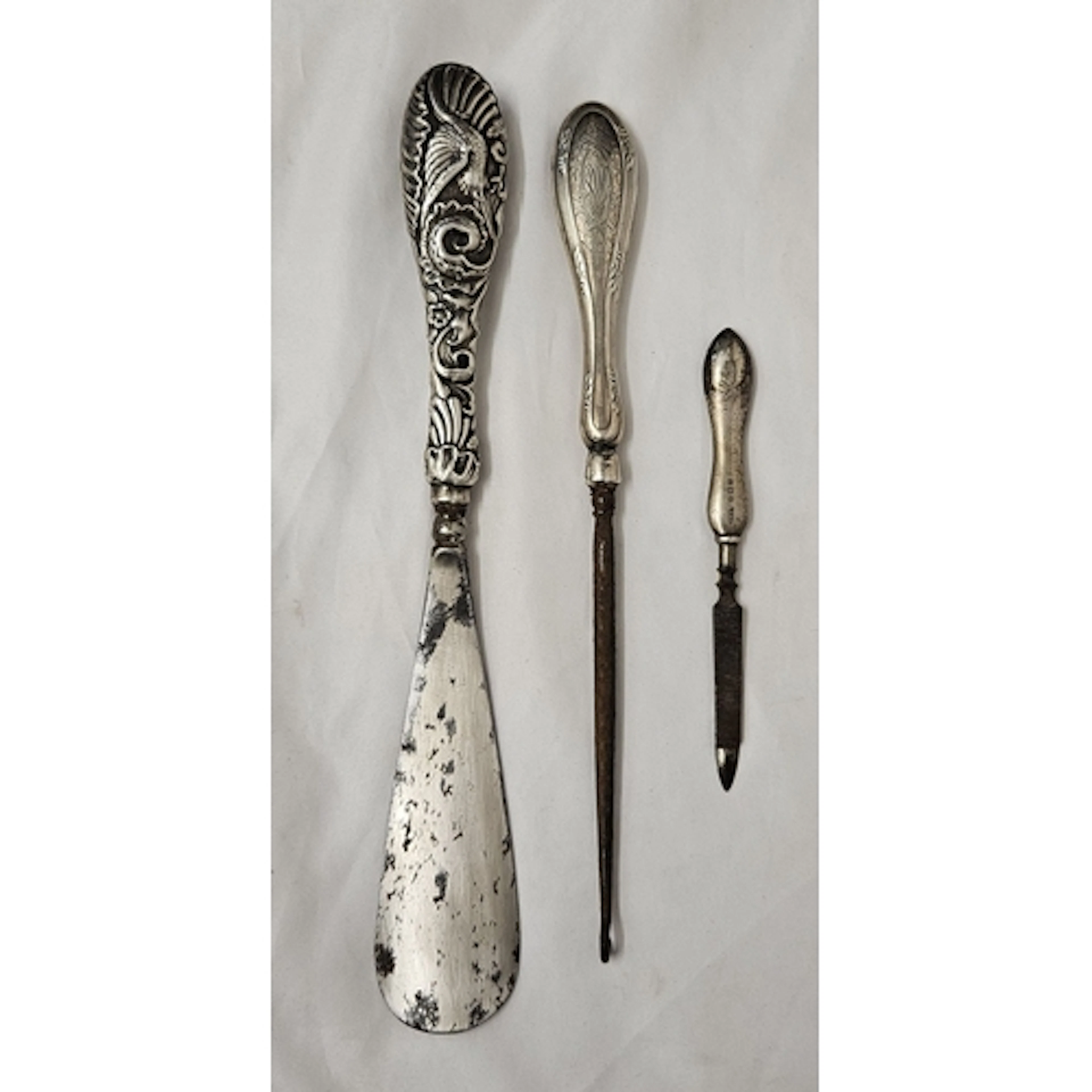 Silver Handled Large Button Hook with steel blade, silver ha...