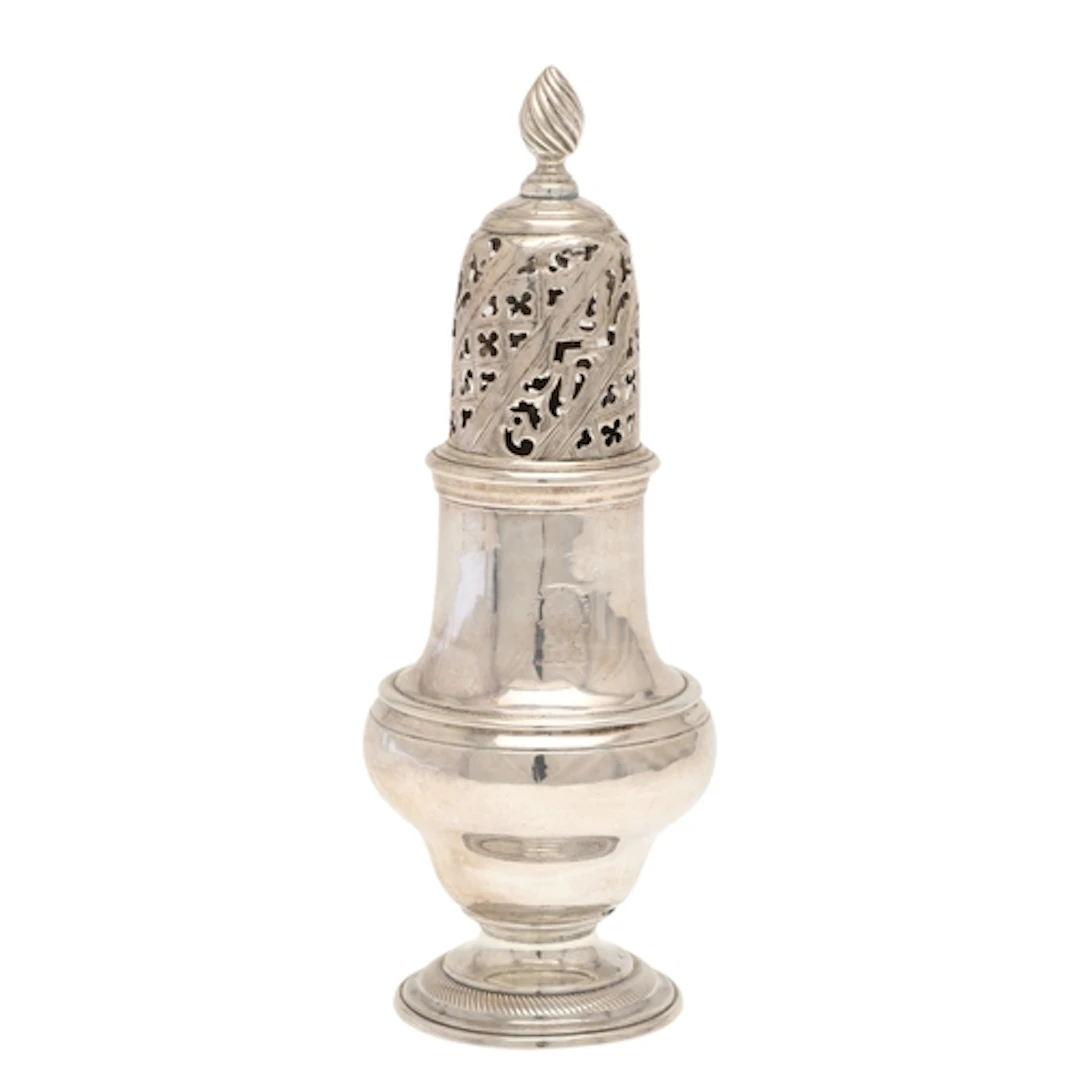 A MID 18TH CENTURY SILVER SUGAR CASTER. Of baluster form on ...
