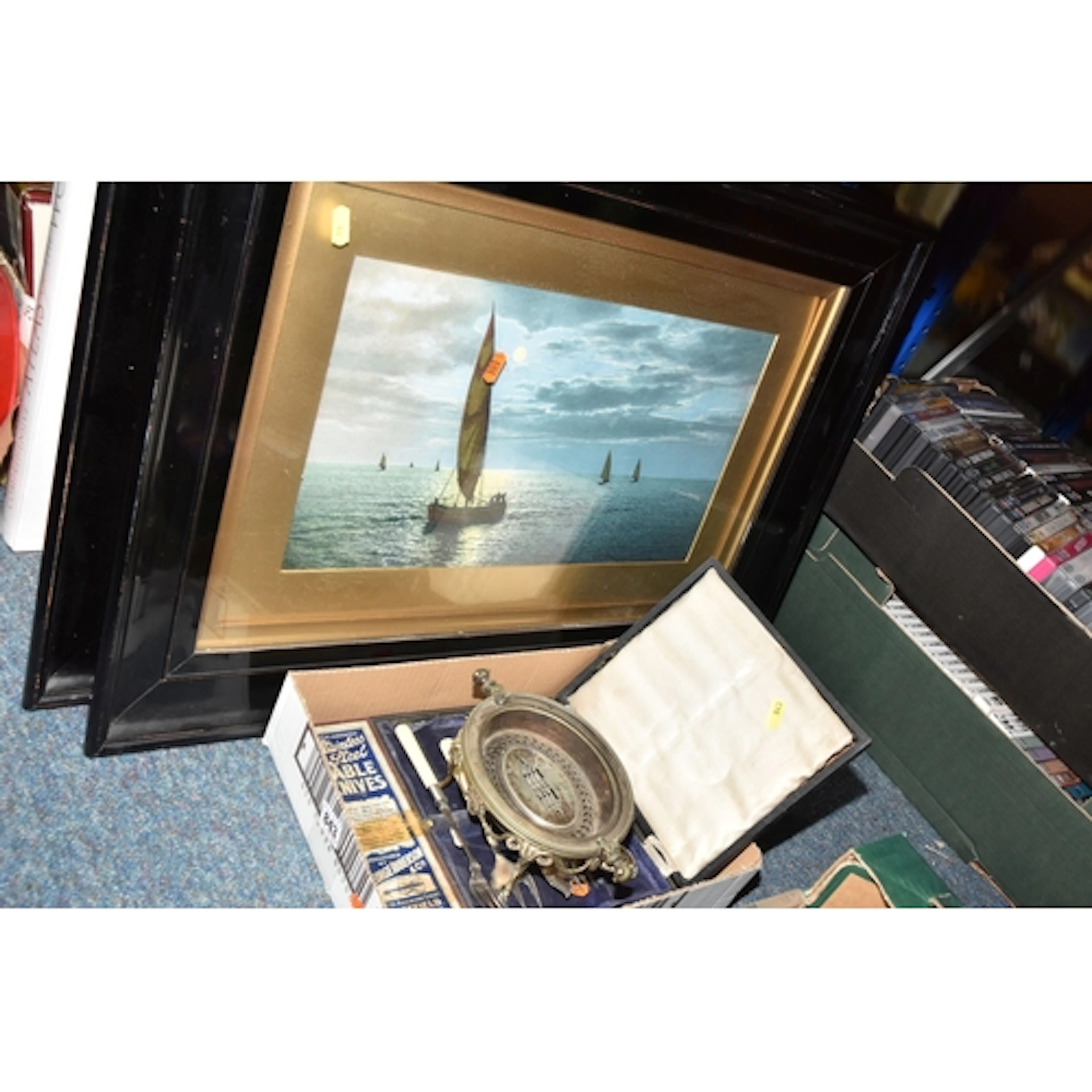 ONE BOX AND TWO FRAMED PICTURES, to include two framed saili...
