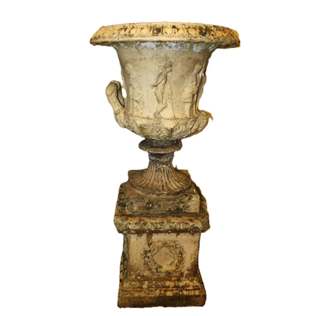 Antique stoneware Medici garden campagna urn, with applied r...