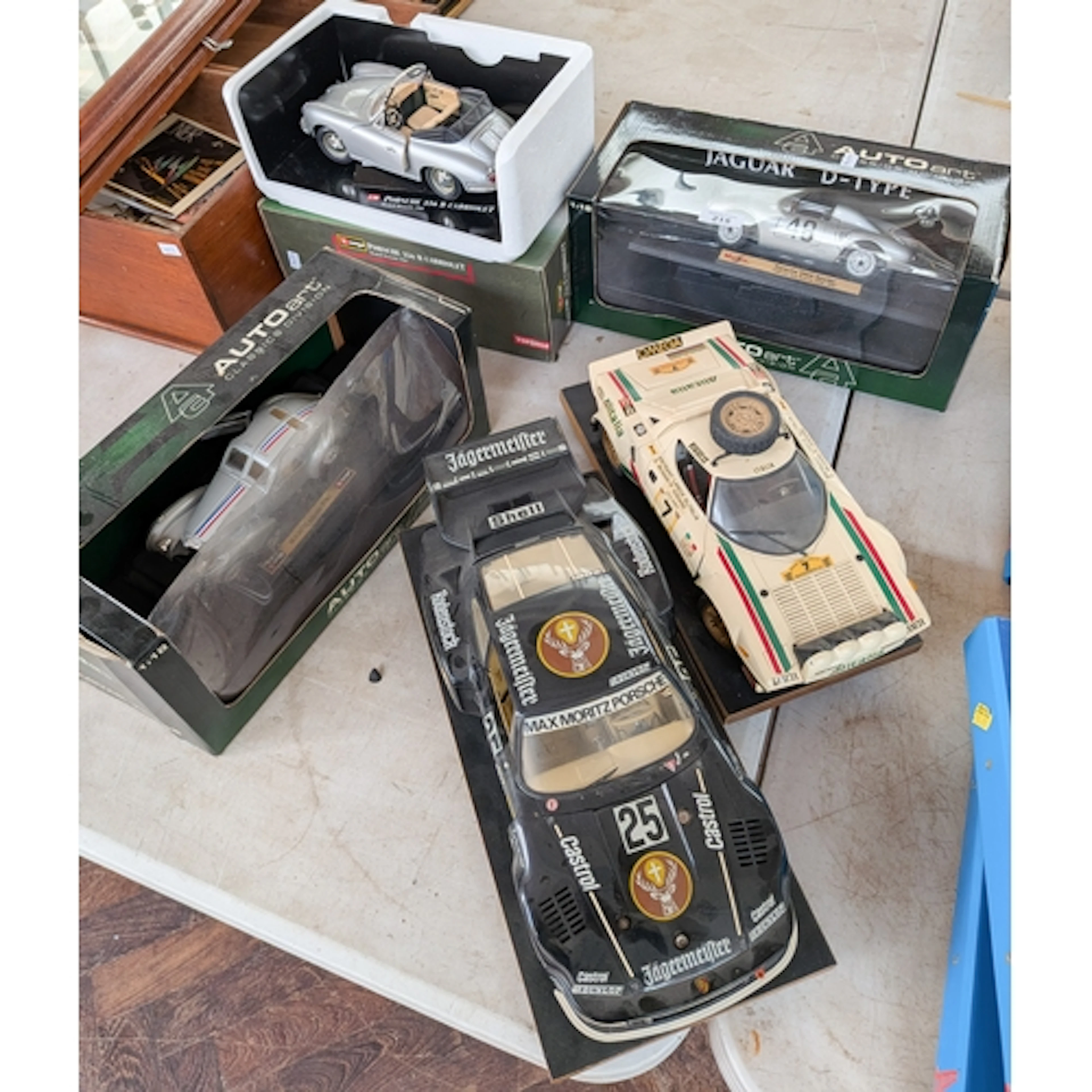 Five large scale model vintage style racing cars to include ...