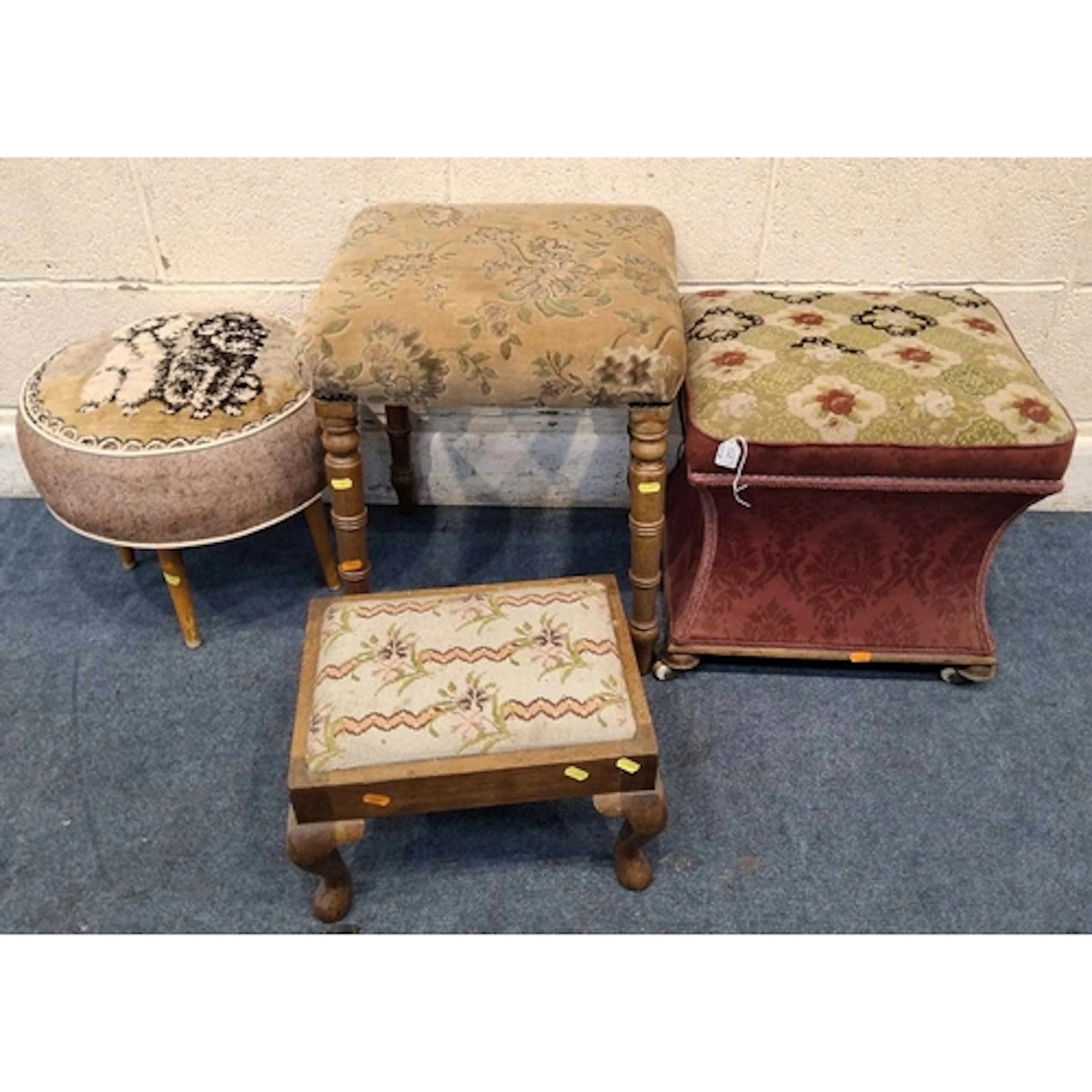FOUR STOOLS, varying in shape, size, style, period, material...