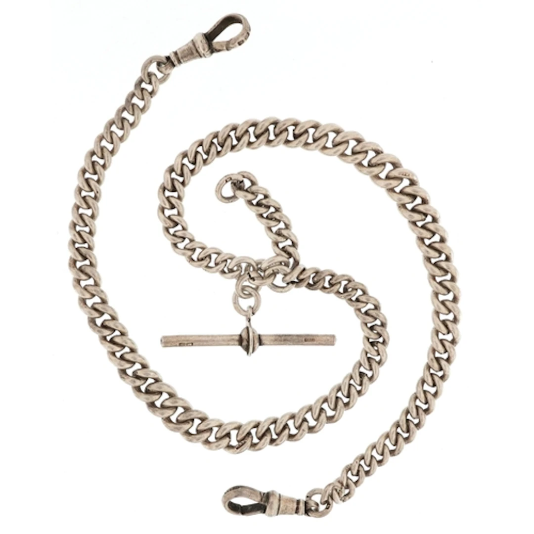 Graduated silver watch chain with two dog clip clasps and T ...