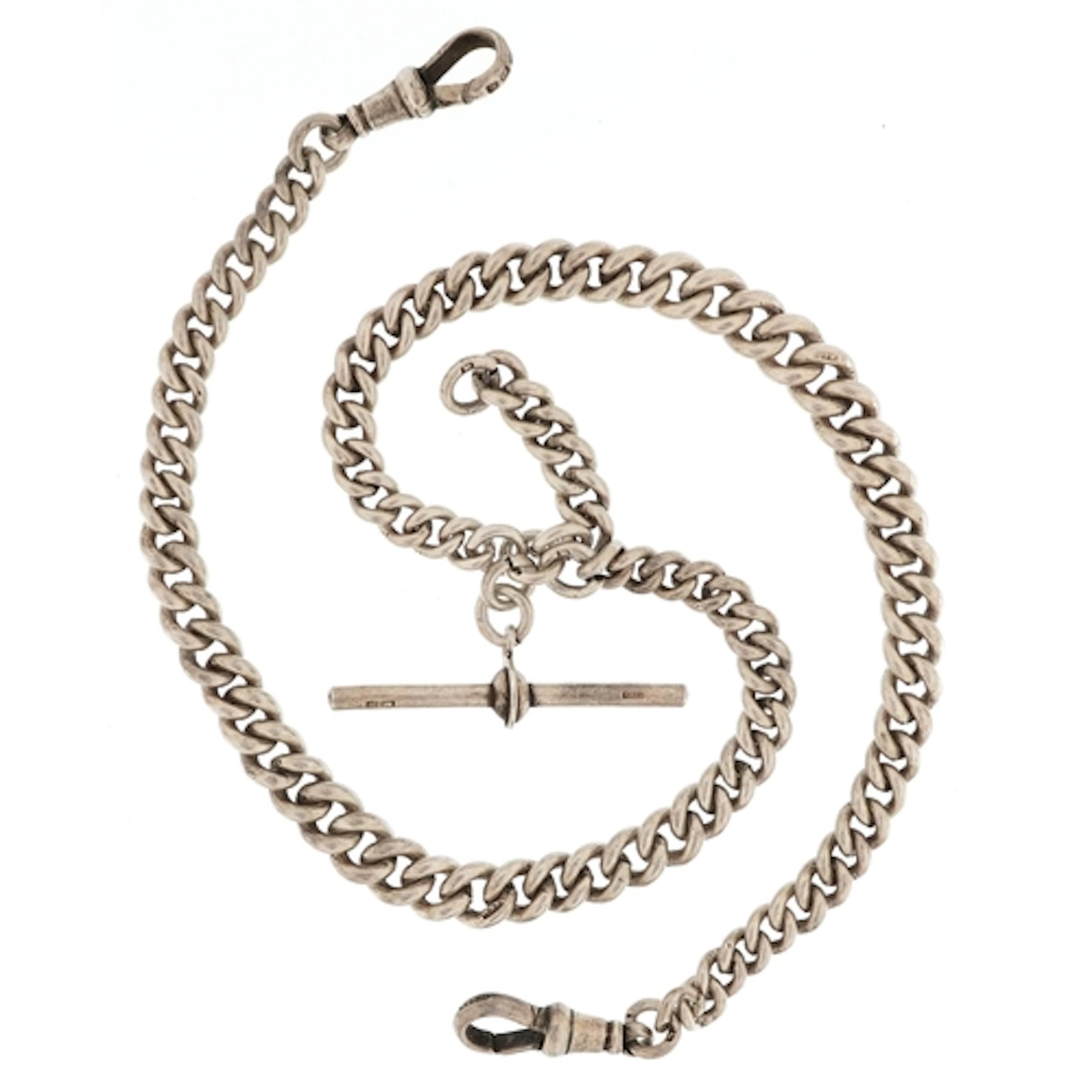 Graduated silver watch chain with two dog clip clasps and T ...