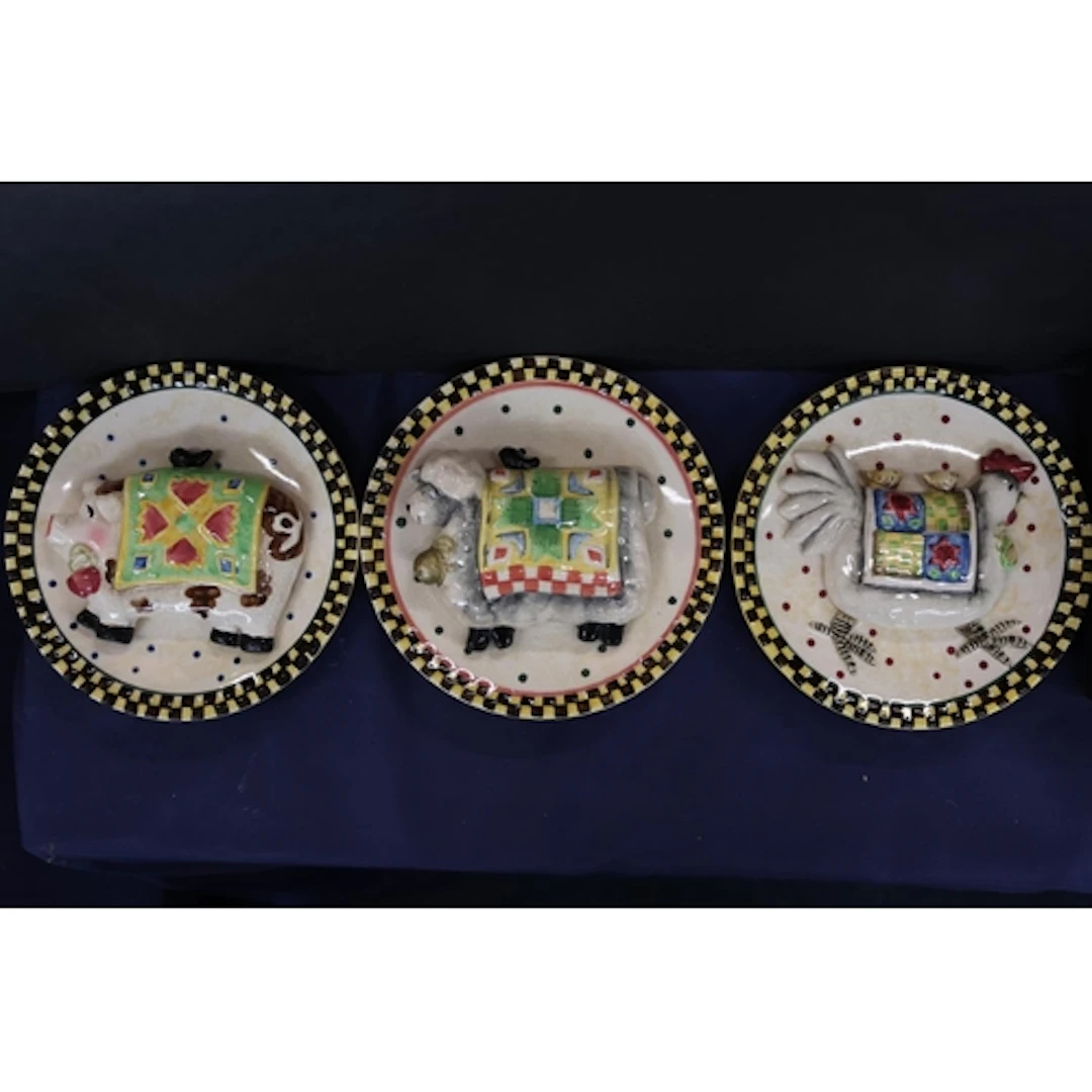 Ganz Folk Art wall plaques, each decorated with a farmyard a...