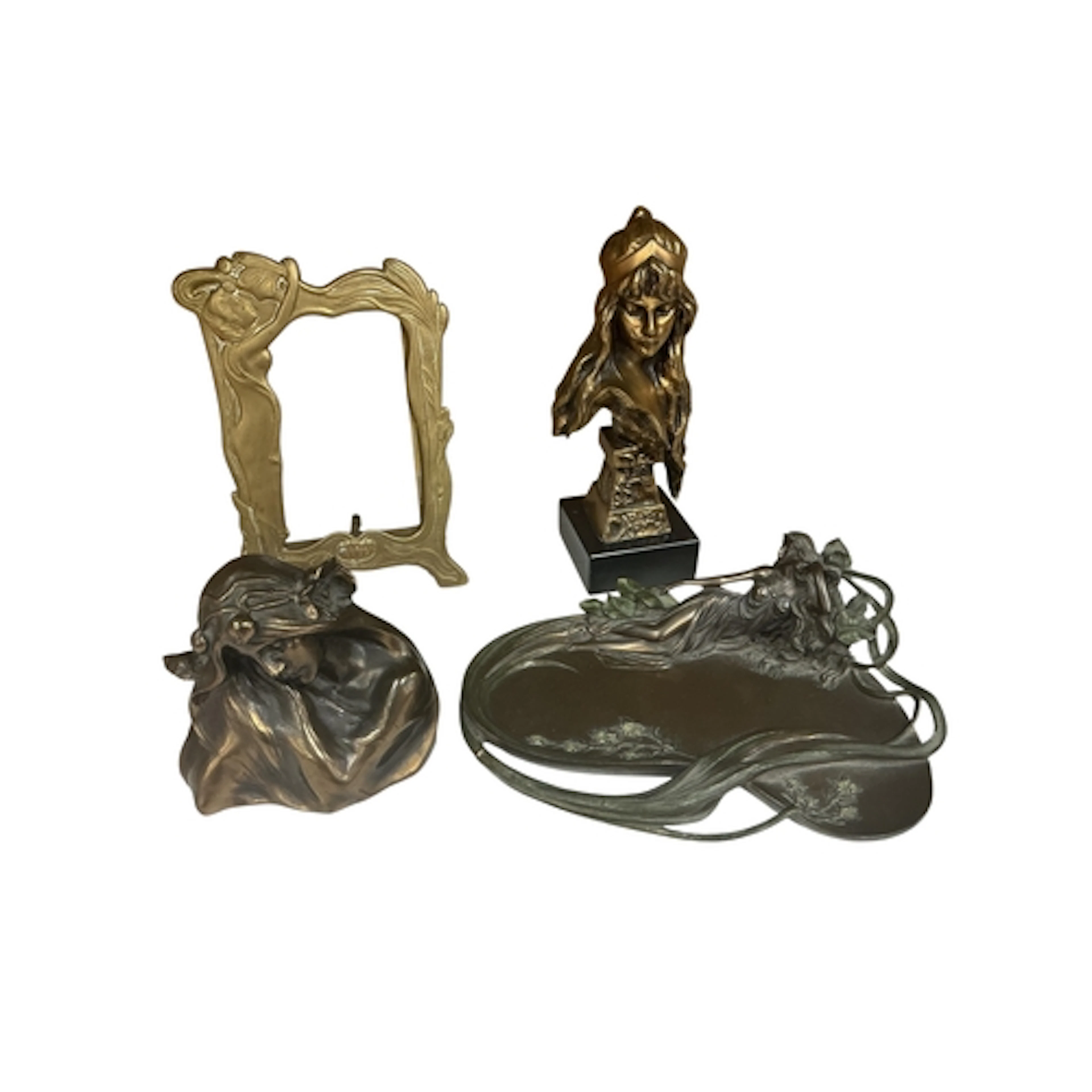 A group of four Art Nouveau-style decorative items: a resin ...