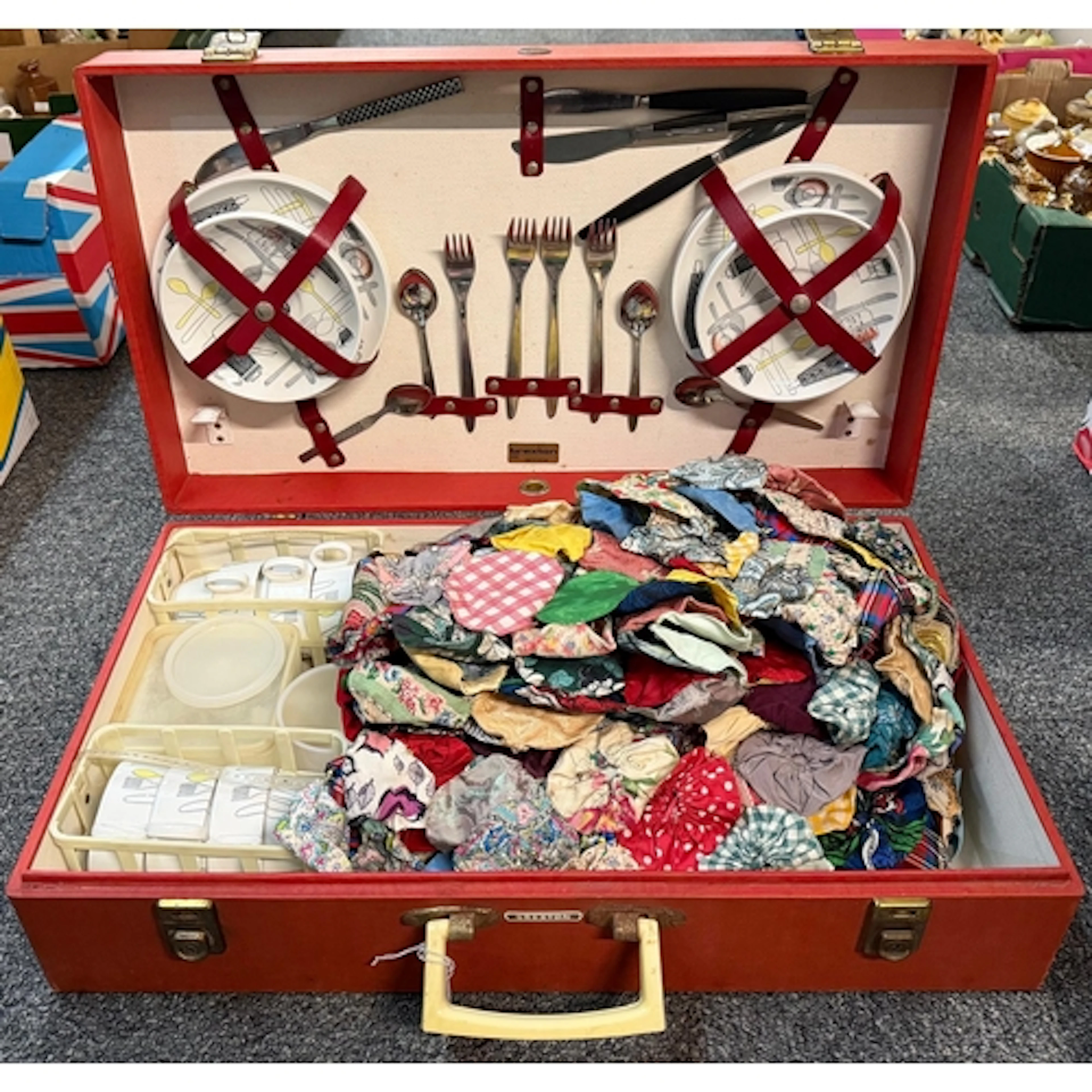 Vintage picnic kit with cups, saucers, plates and cutlery, t...