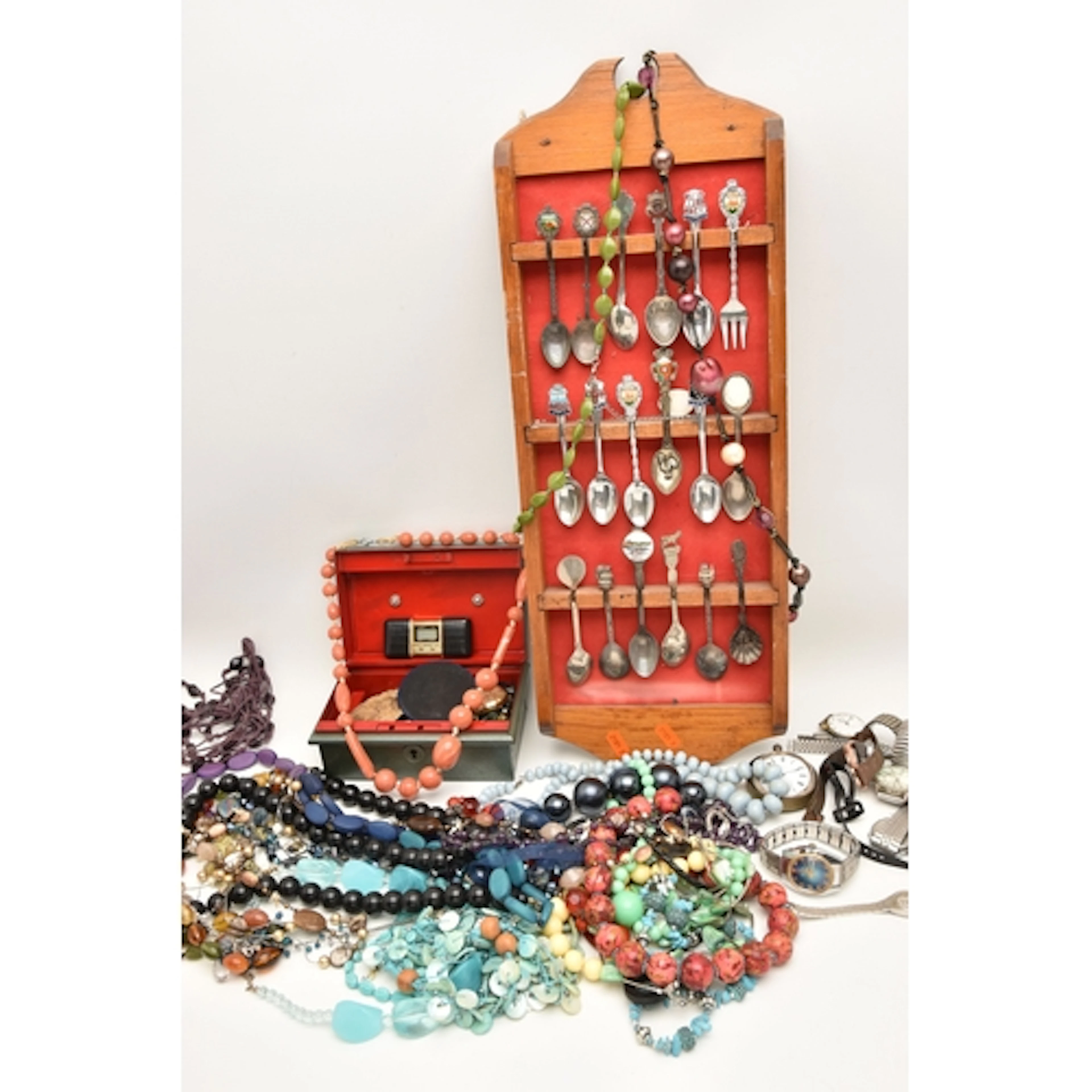 A BLACK PLASTIC BOX OF ASSORTED ITEMS, to include a small ti...