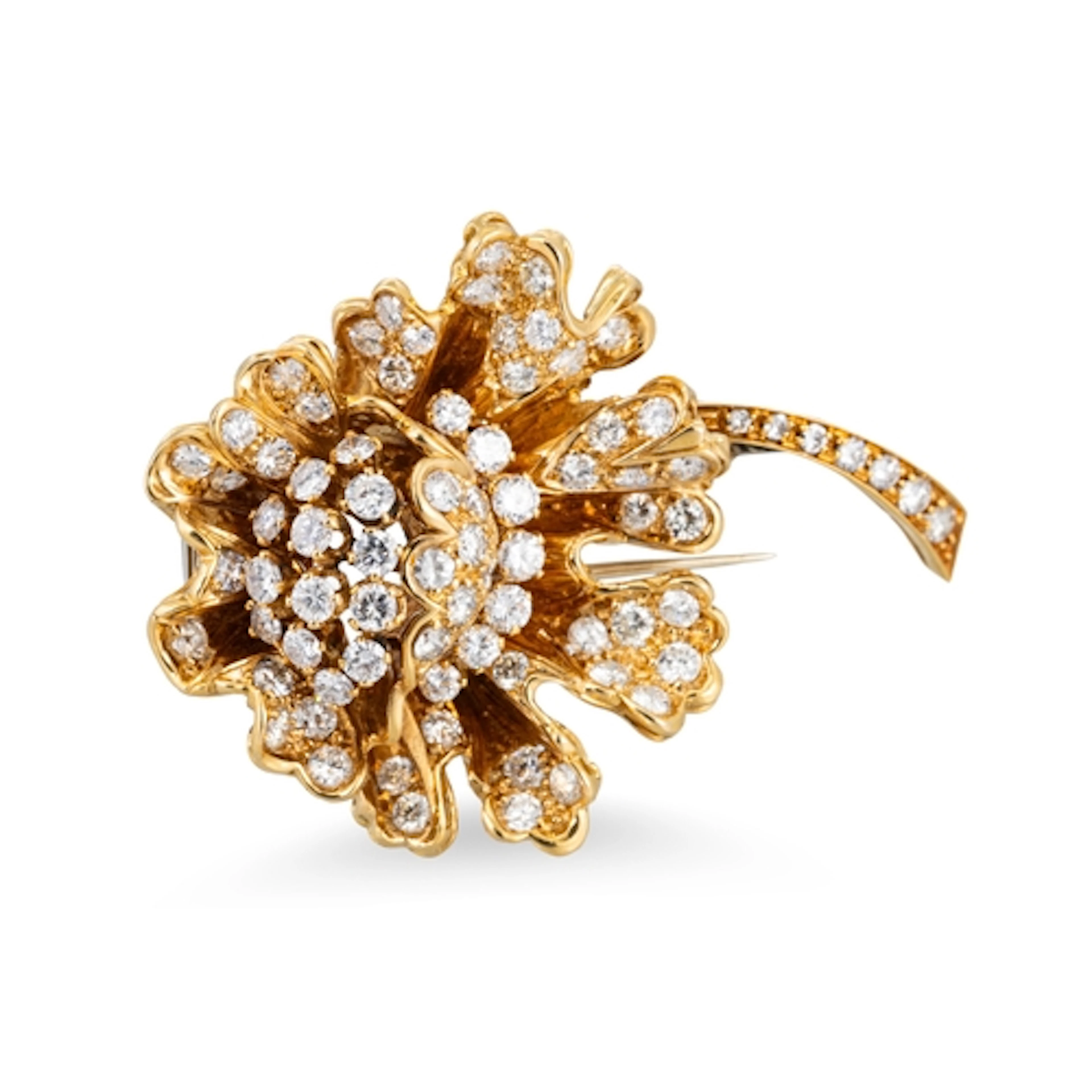 A MID CENTURY DIAMOND SET FLORAL SPRAY BROOCH/FUR CLIP, moun...