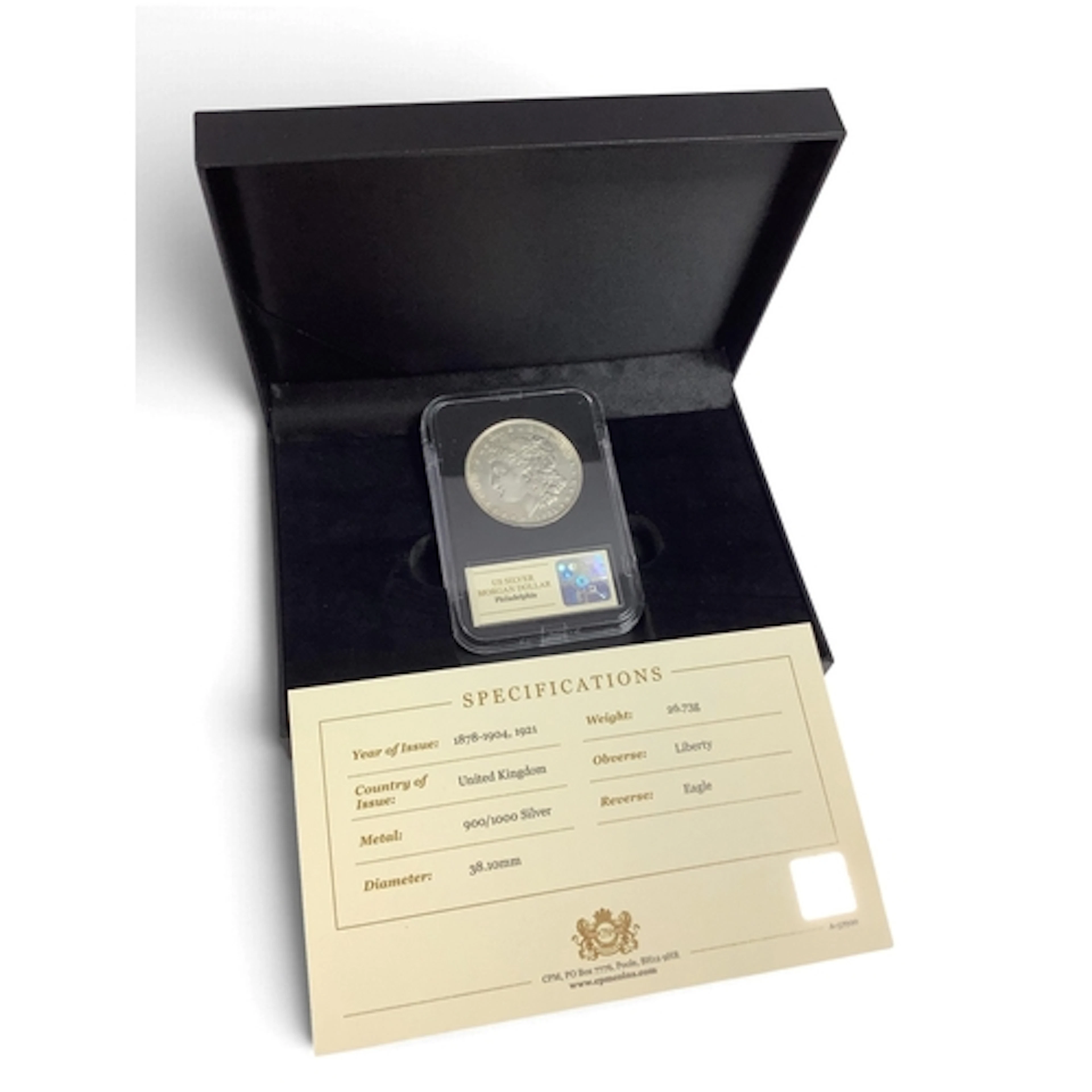 1921 USA Silver Morgan Dollar, cased with a certificate of a...