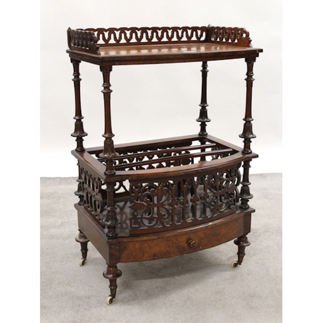 Victorian figured walnut Canterbury whatnot, the figured top...