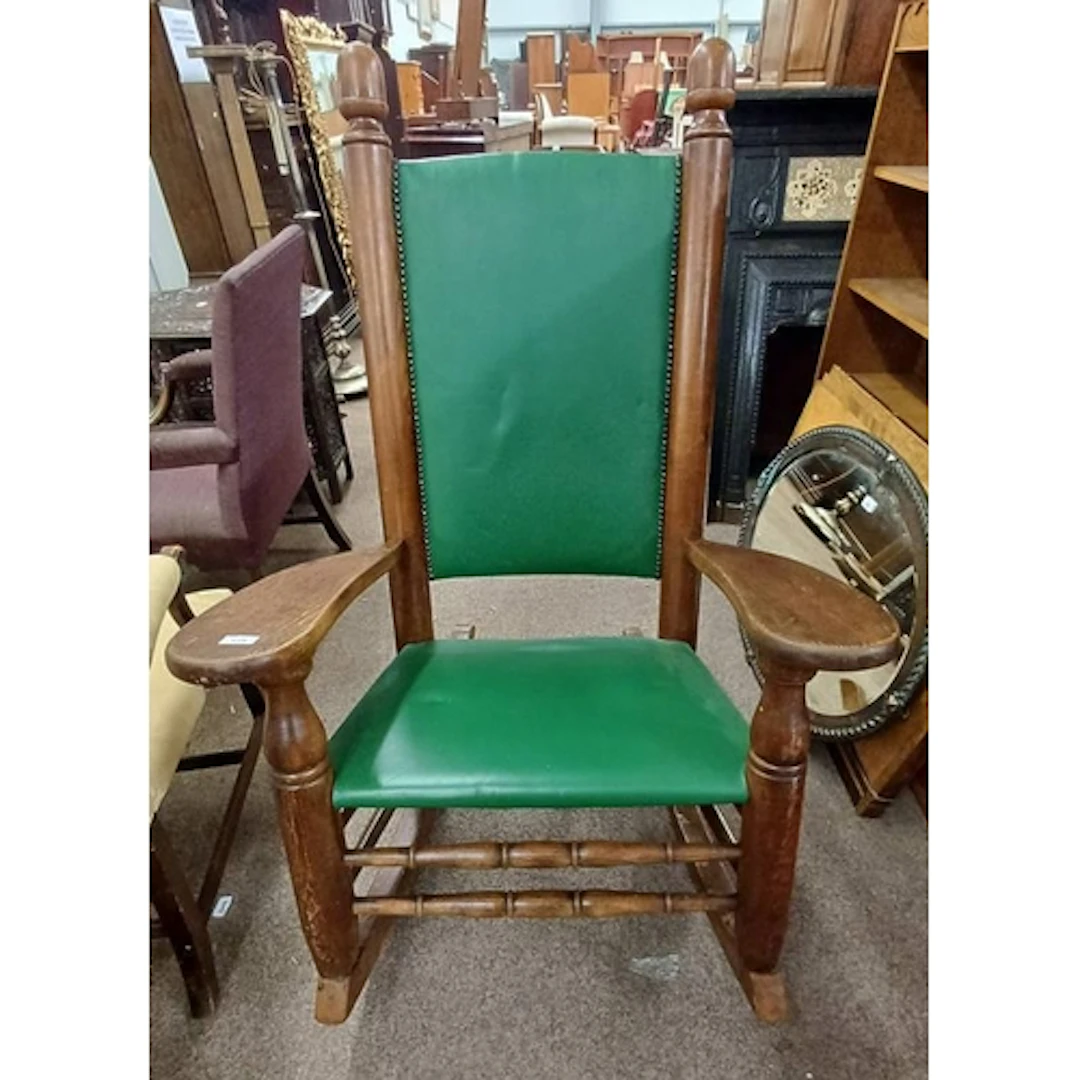 OAK ROCKING CHAIR WITH PADDED BACK & SEAT WITH BRASS STUD WO...