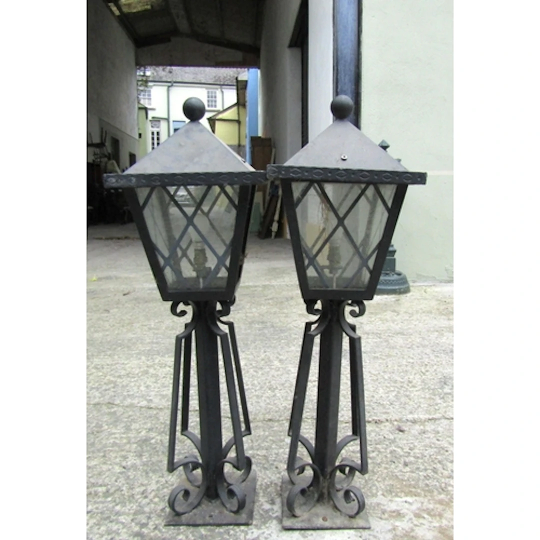 Pair of Wrought Metal Pillar Lanterns Electrified Working Or...