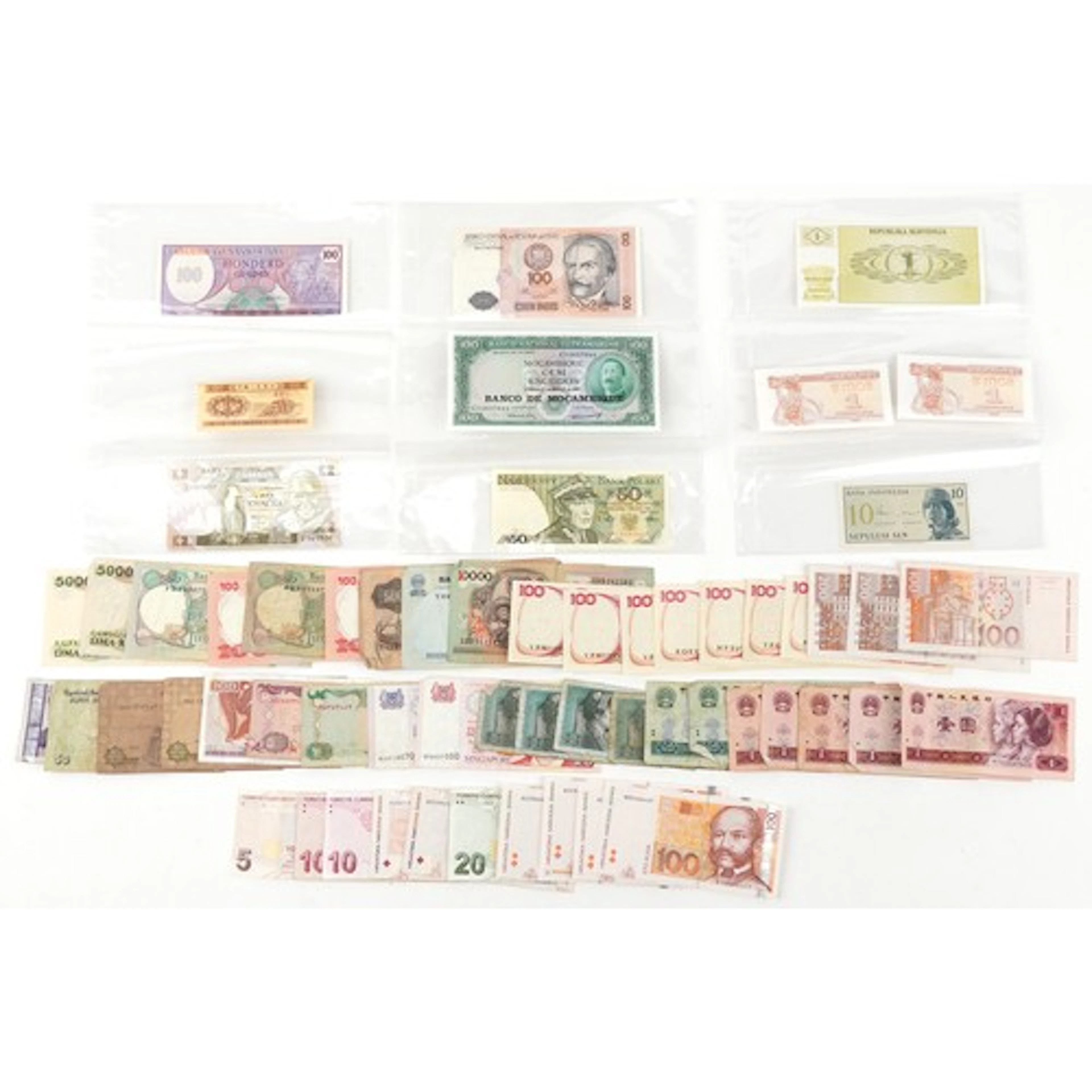 Collection of vintage banknotes including China, Singapore, ...