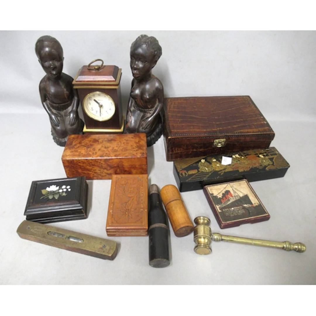 Quantity of various wooden boxes, reproduction clock and sun...