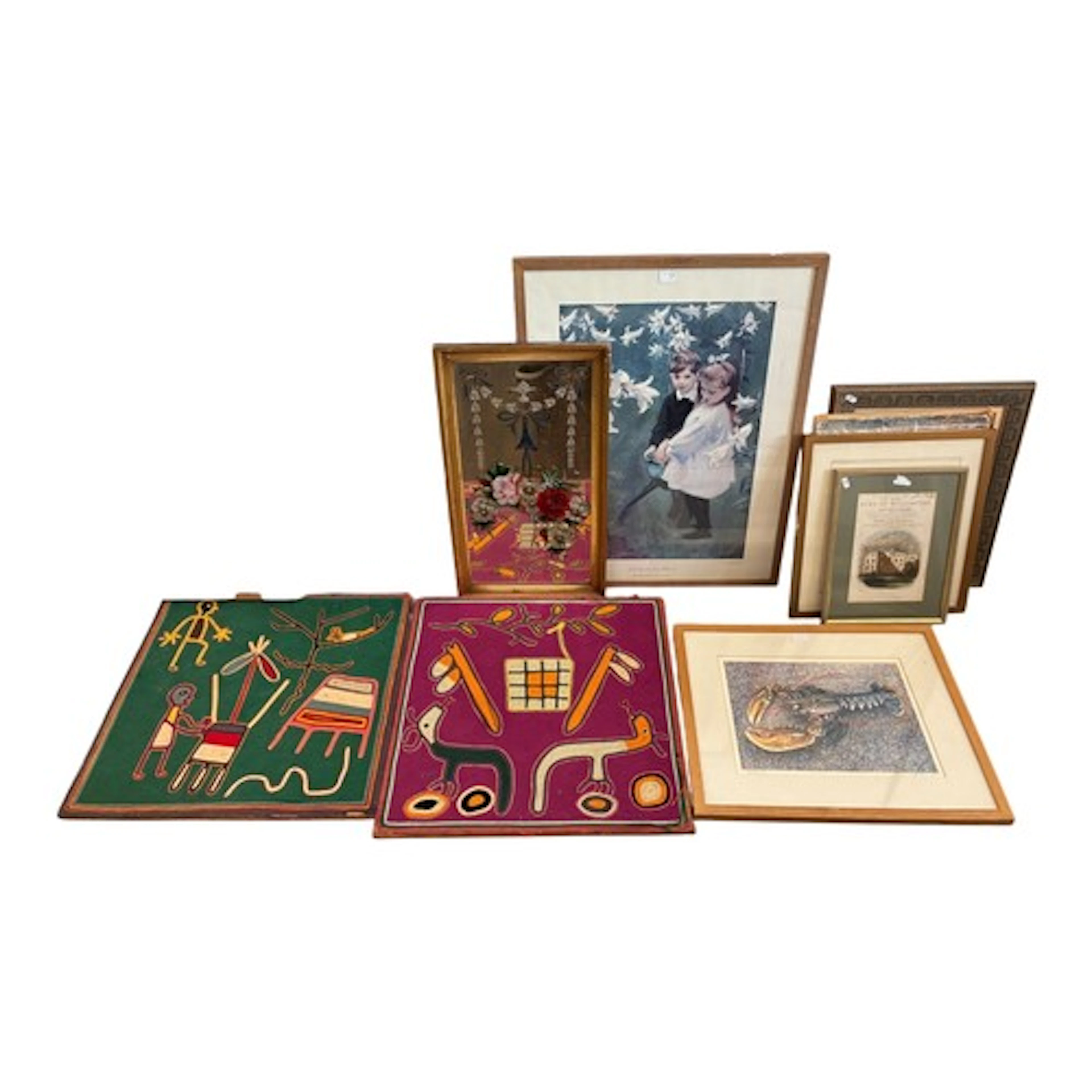 A group of framed works, to include: Huichol Yarn Painting -...