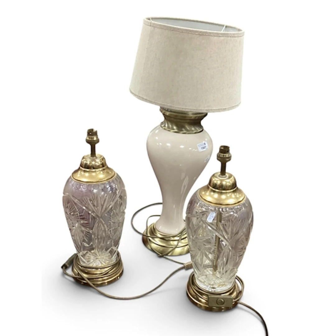 A Pair of Star-Cut Crystal Glass Table Lamps, in the Waterfo...