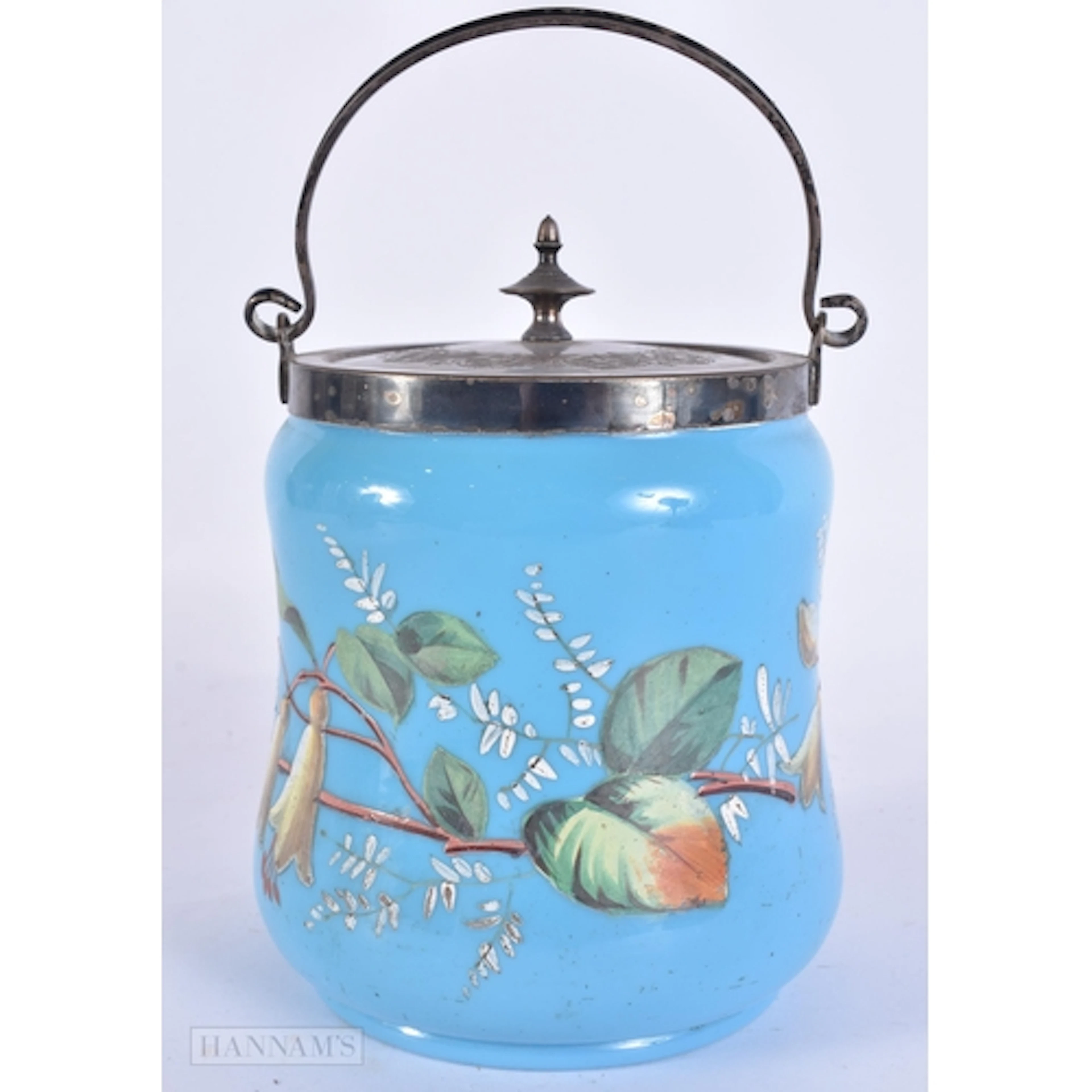 A VICTORIAN ENAMELLED BLUE OPALINE GLASS BISCUIT BARREL. 21....
