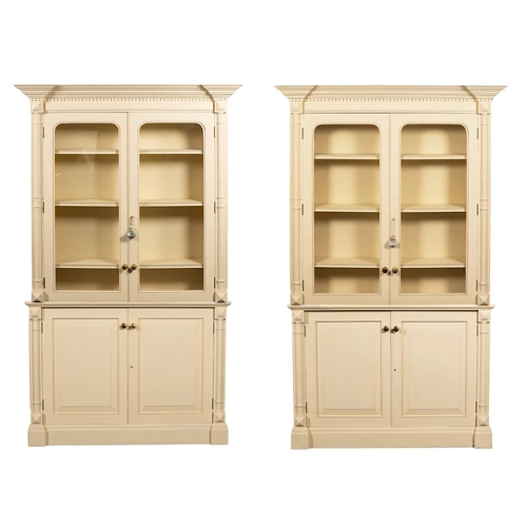 A pair of painted fibreboard and glazed library bookcases, i...