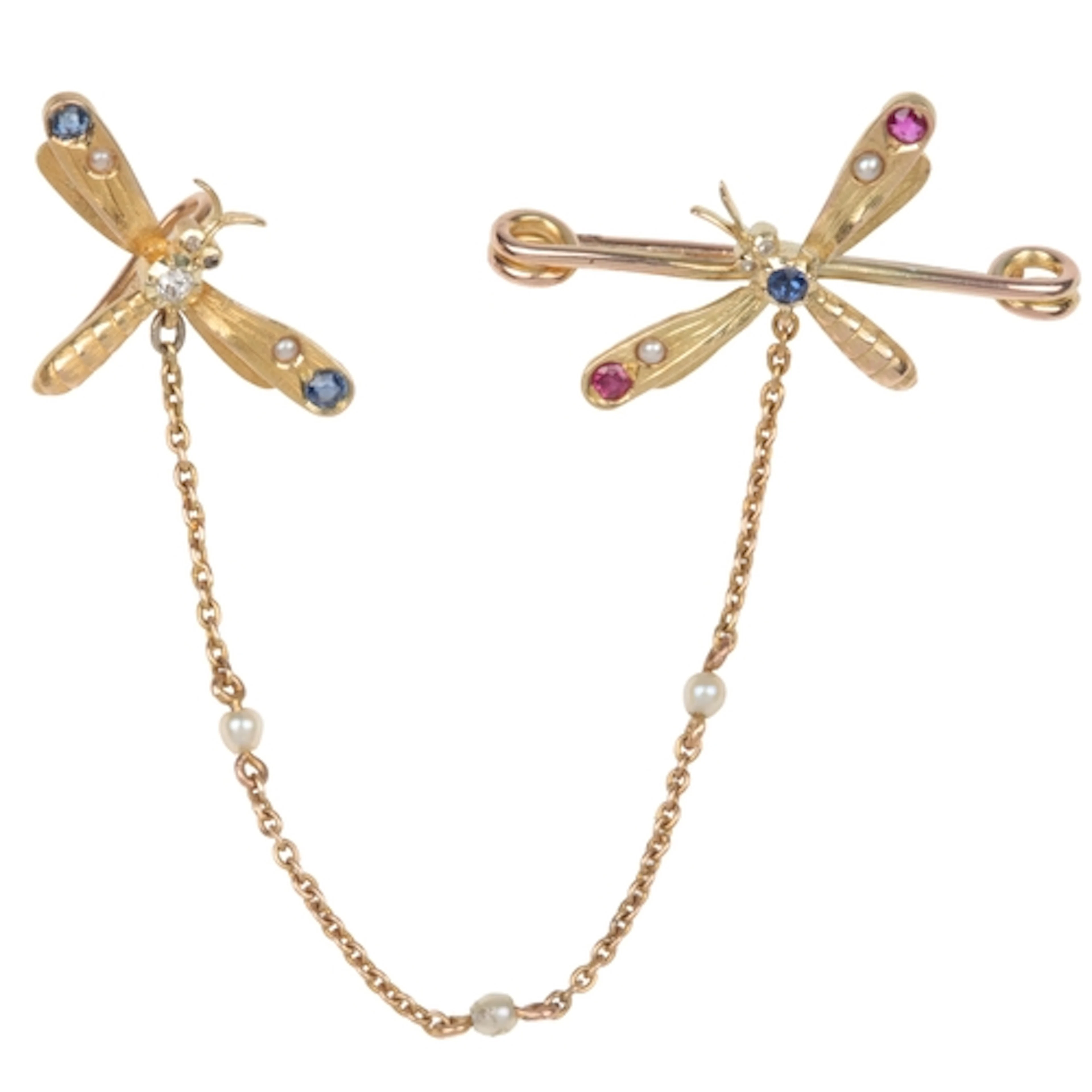 A pair of conjoined ruby sapphire, pearl and diamond brooche...