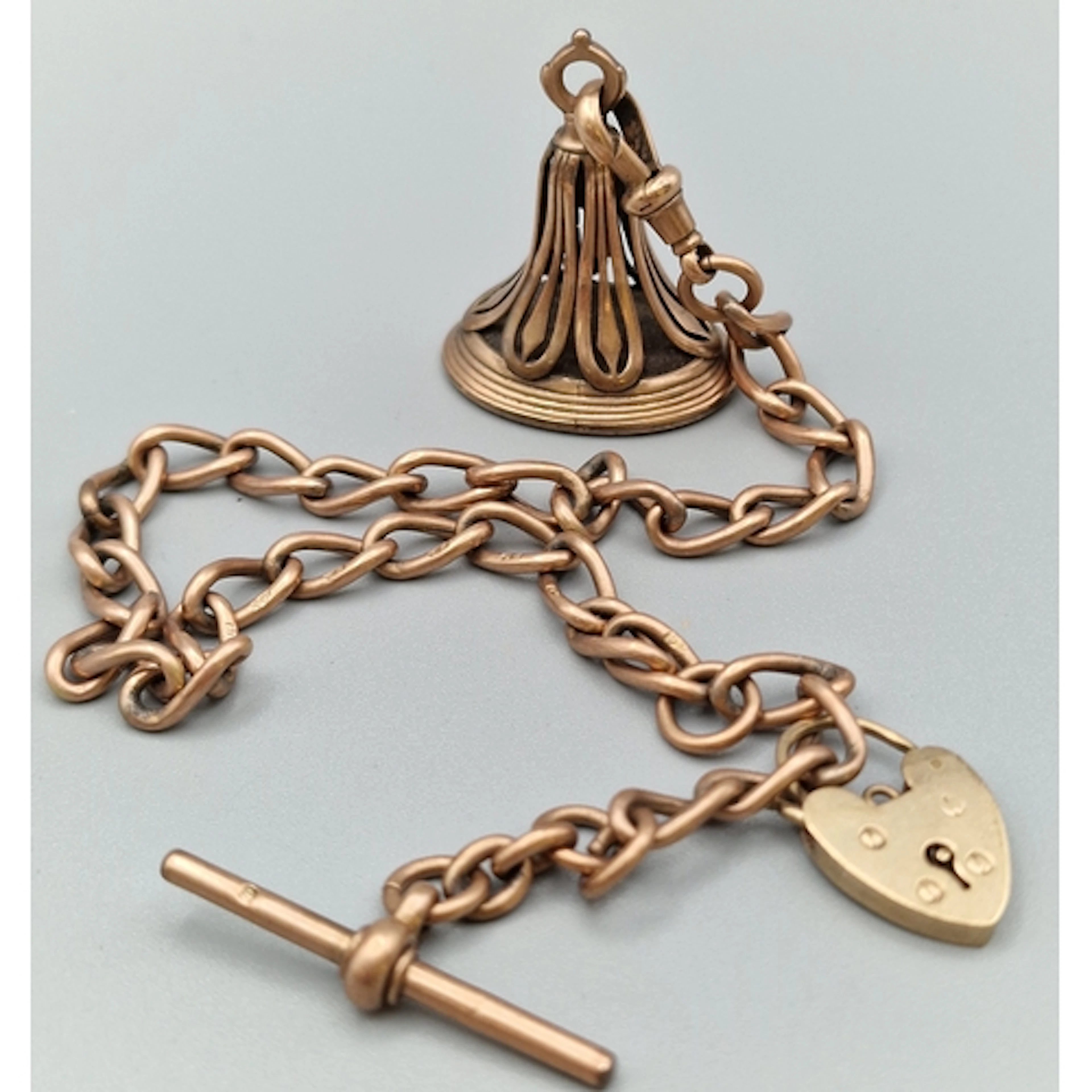 Edwardian 9ct rose gold 'T' bar Albert pocket watch chain wi...