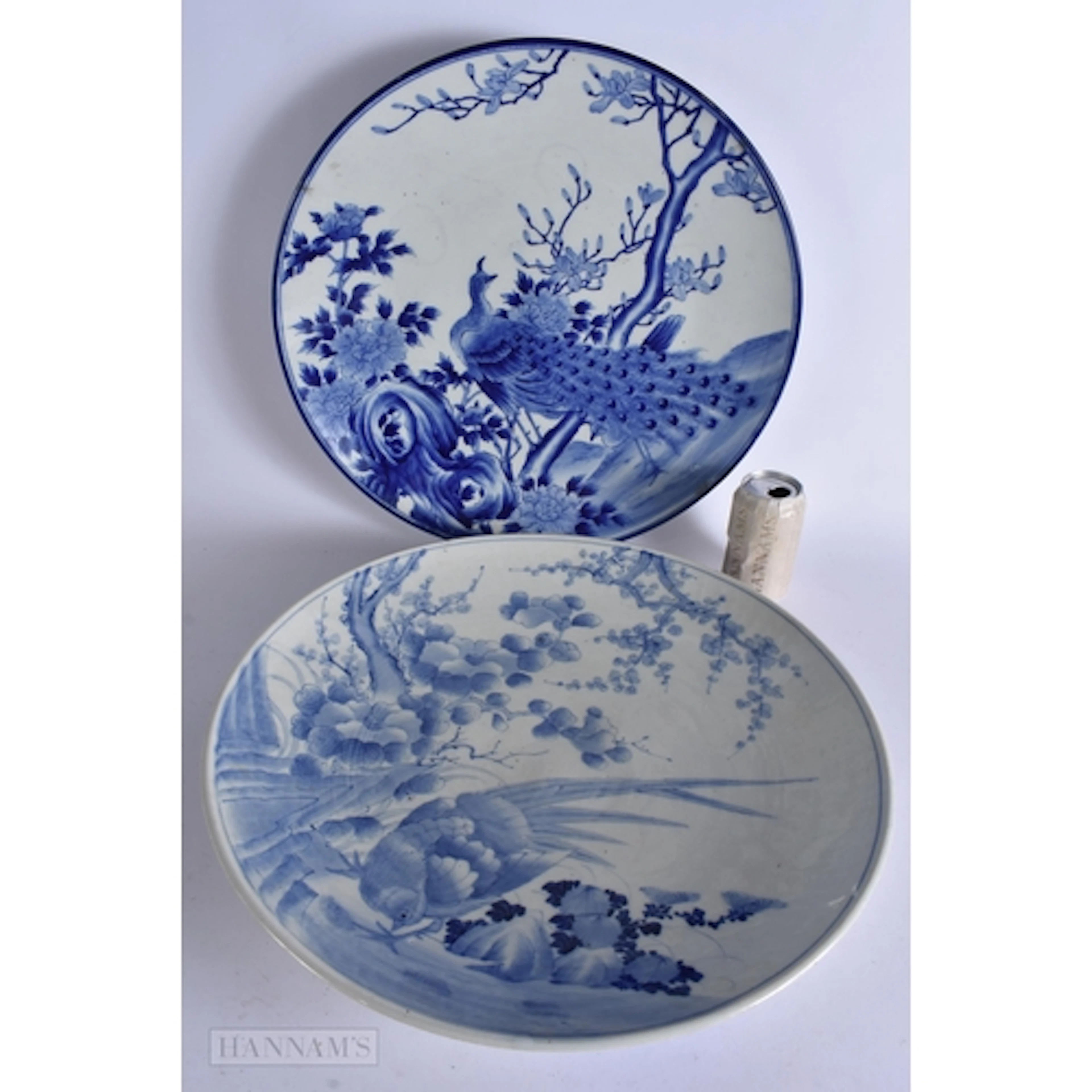 TWO LARGE LATE 19TH CENTURY JAPANESE MEIJI PERIOD BLUE AND W...