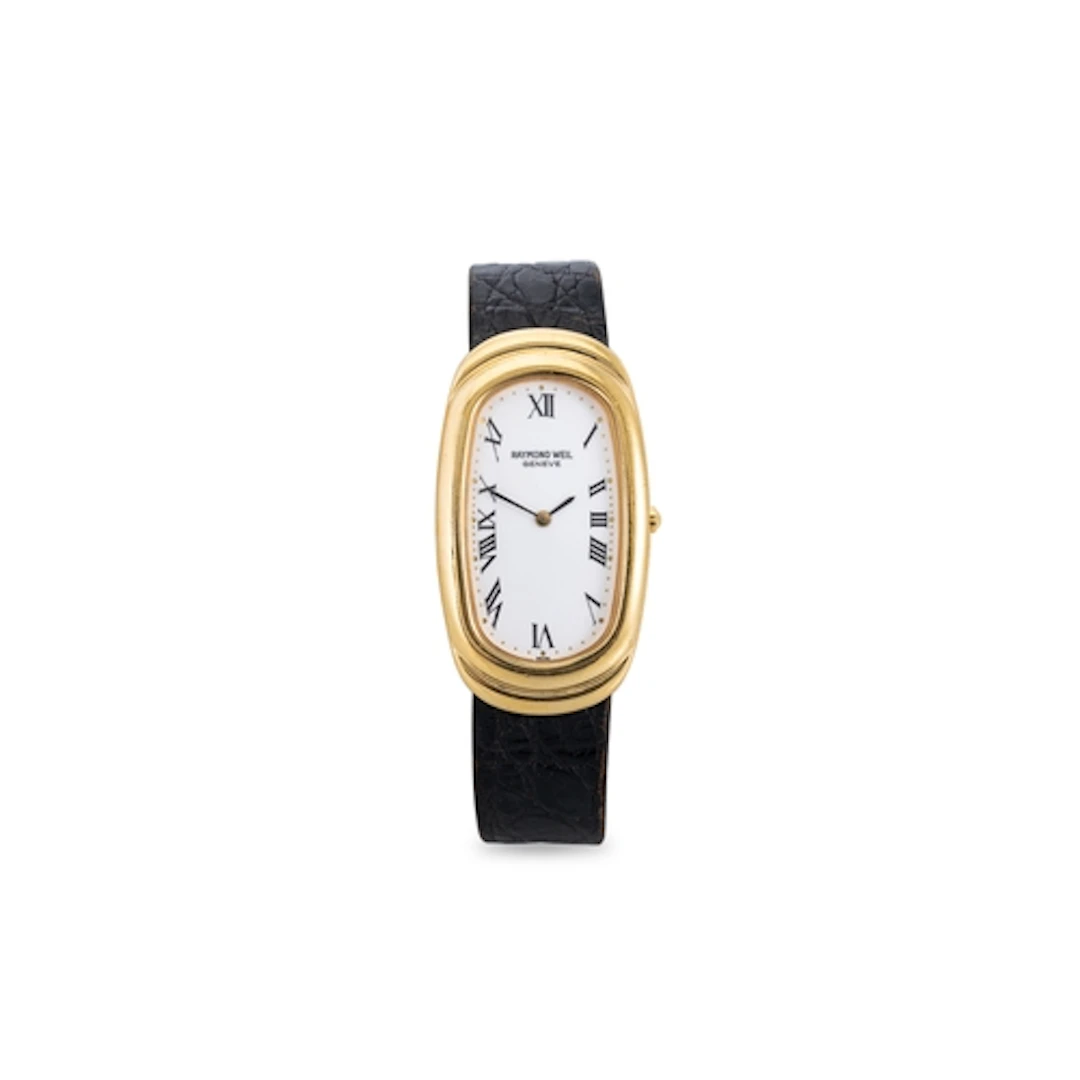 A RAYMOND WEIL GENEVE WATCH, black crocodile strap, 24 mm