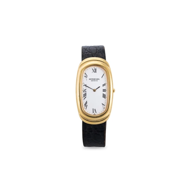 A RAYMOND WEIL GENEVE WATCH, black crocodile strap, 24 mm