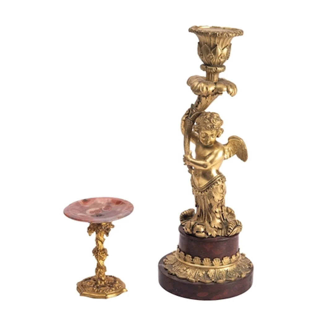 A Napoleon III gilt bronze and rouge griotte marble figural ...