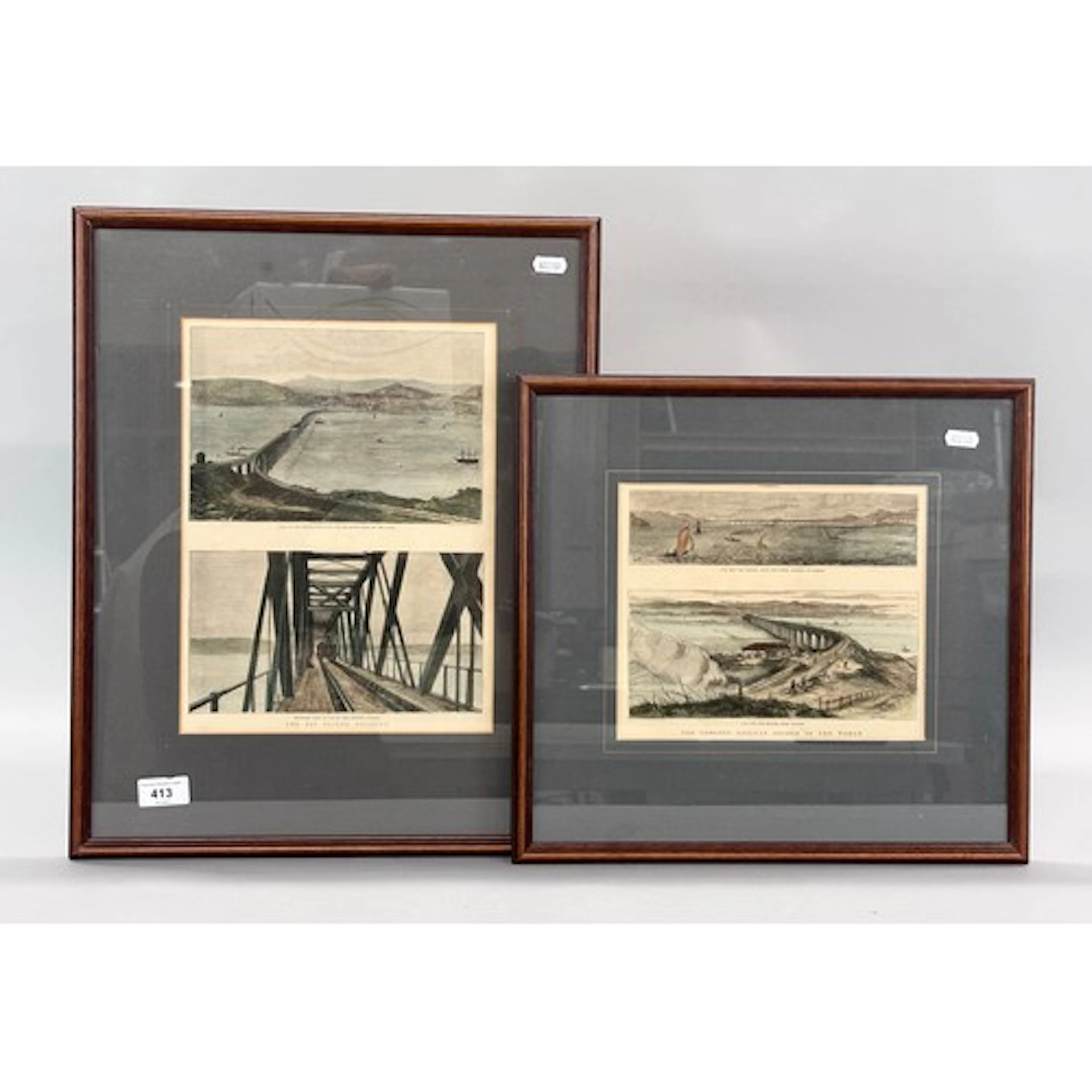 two framed lithographs depicting 'The longest Railway bridge...