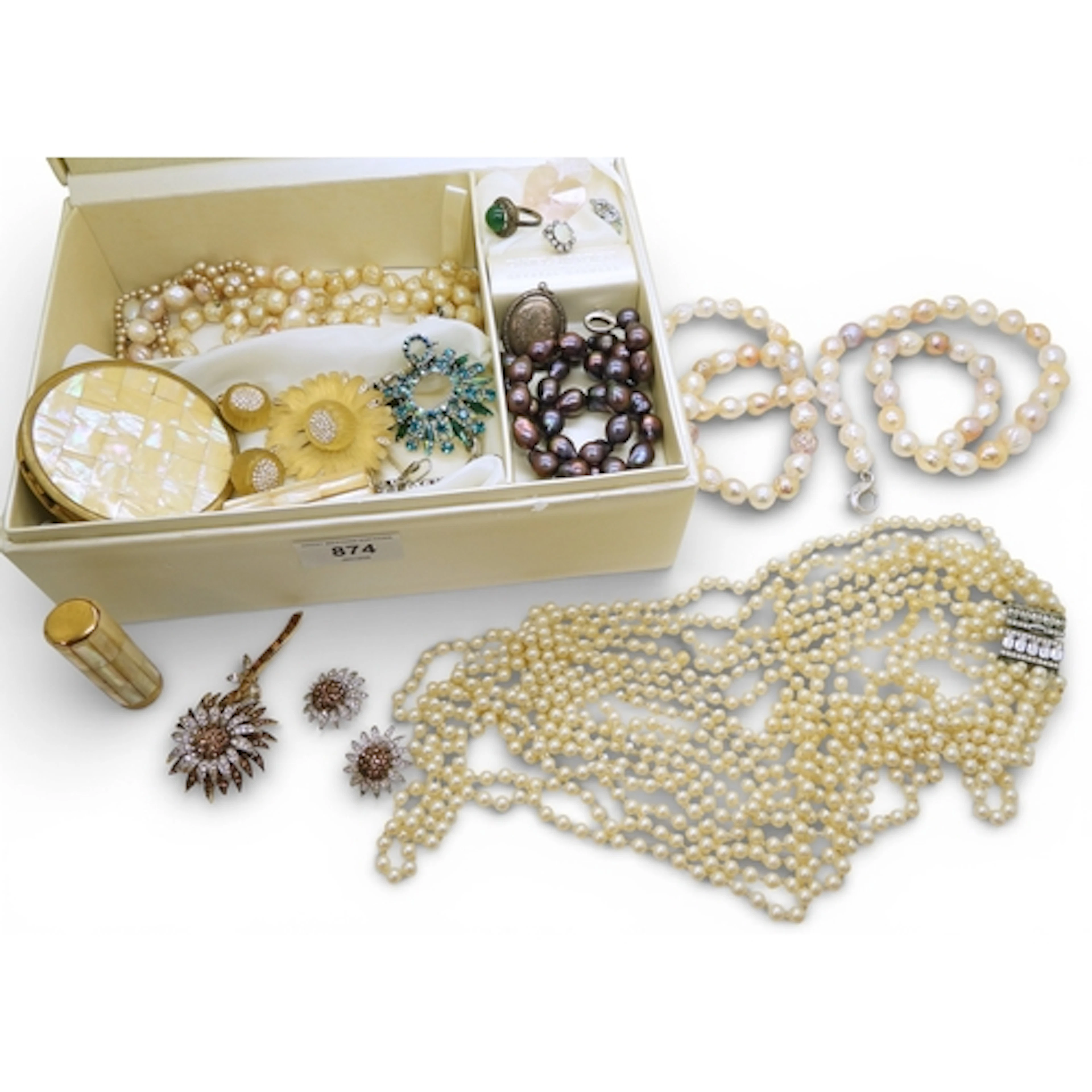 Honora pearl necklaces and bracelets, vintage Avon brooch an...