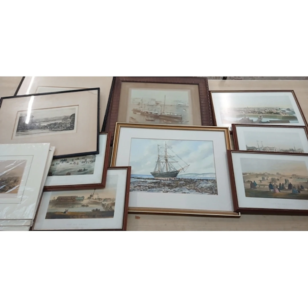 A mixed lot of pictures including prints, a watercolour, HMS...