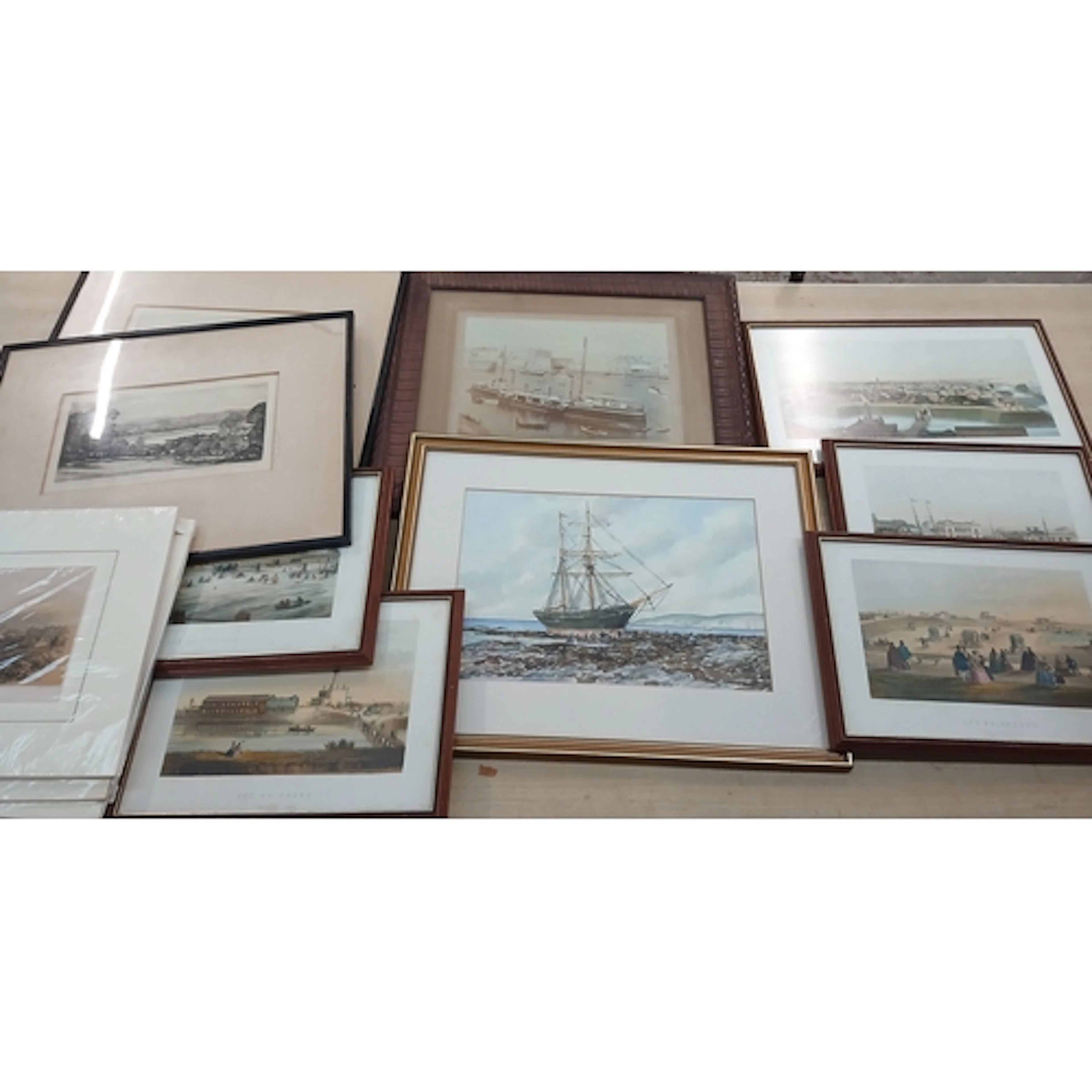 A mixed lot of pictures including prints, a watercolour, HMS...