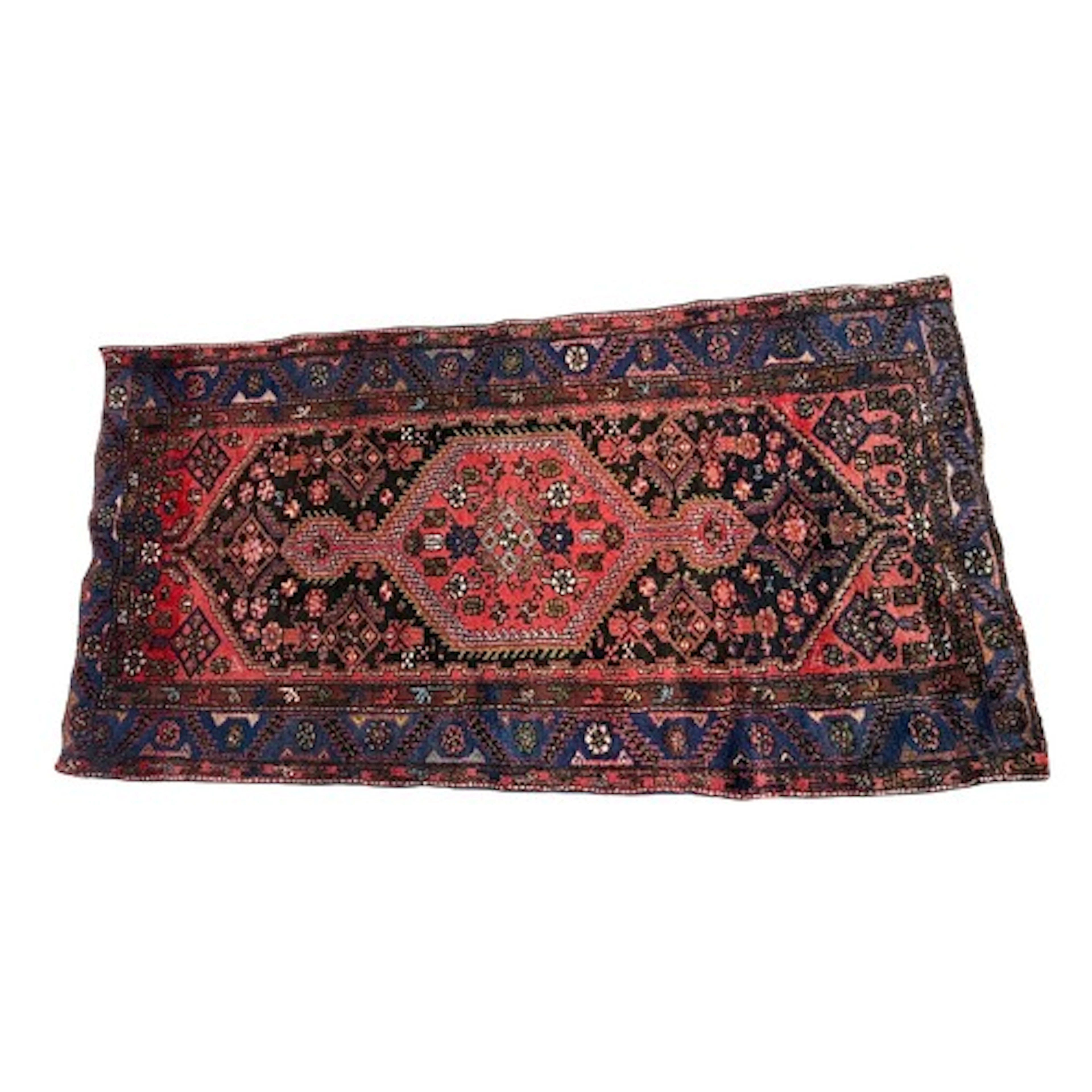Hand woven Iranian red and blue ground wool rug, 244cm x 127...