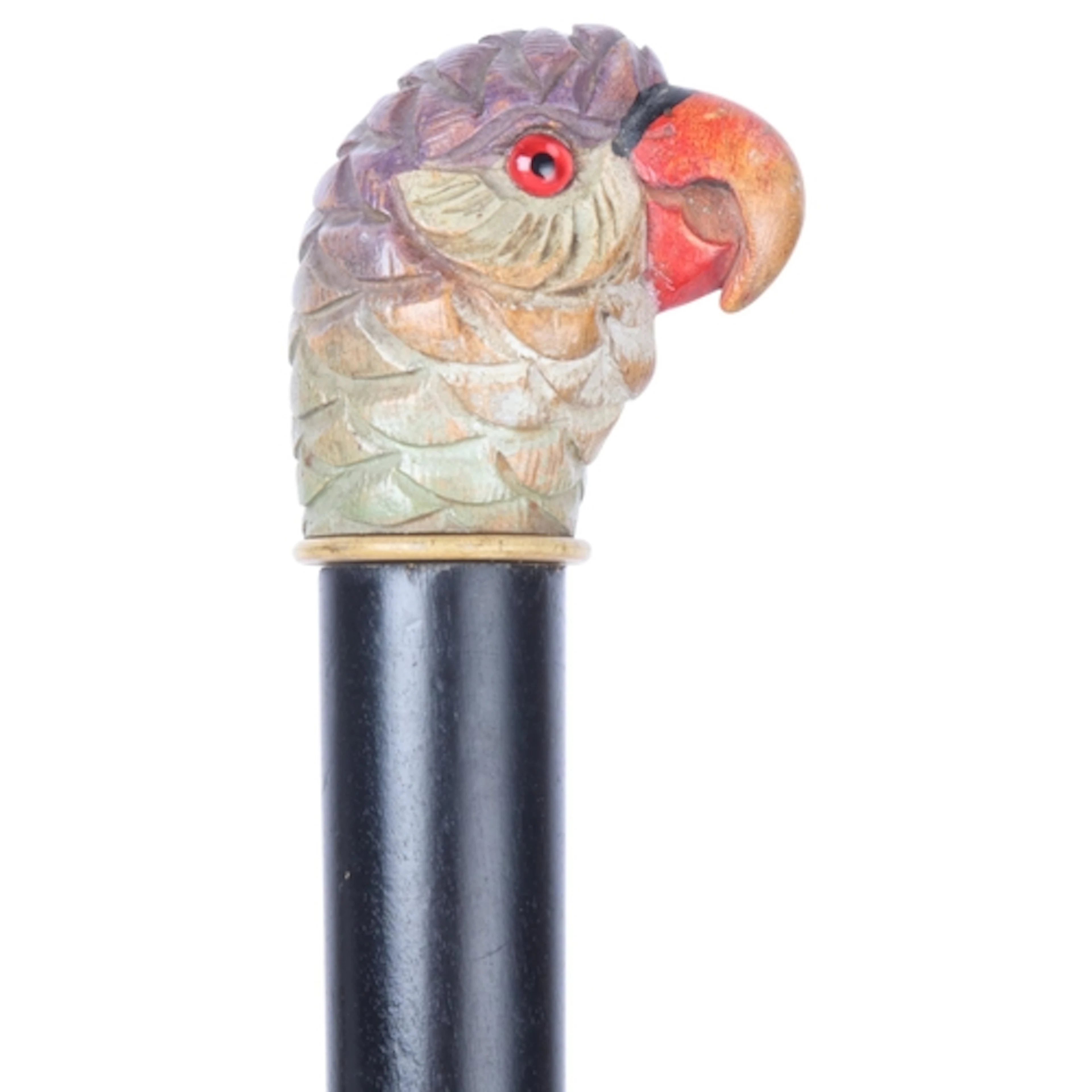 A Post-War cane with a bird head handle, the carved and colo...