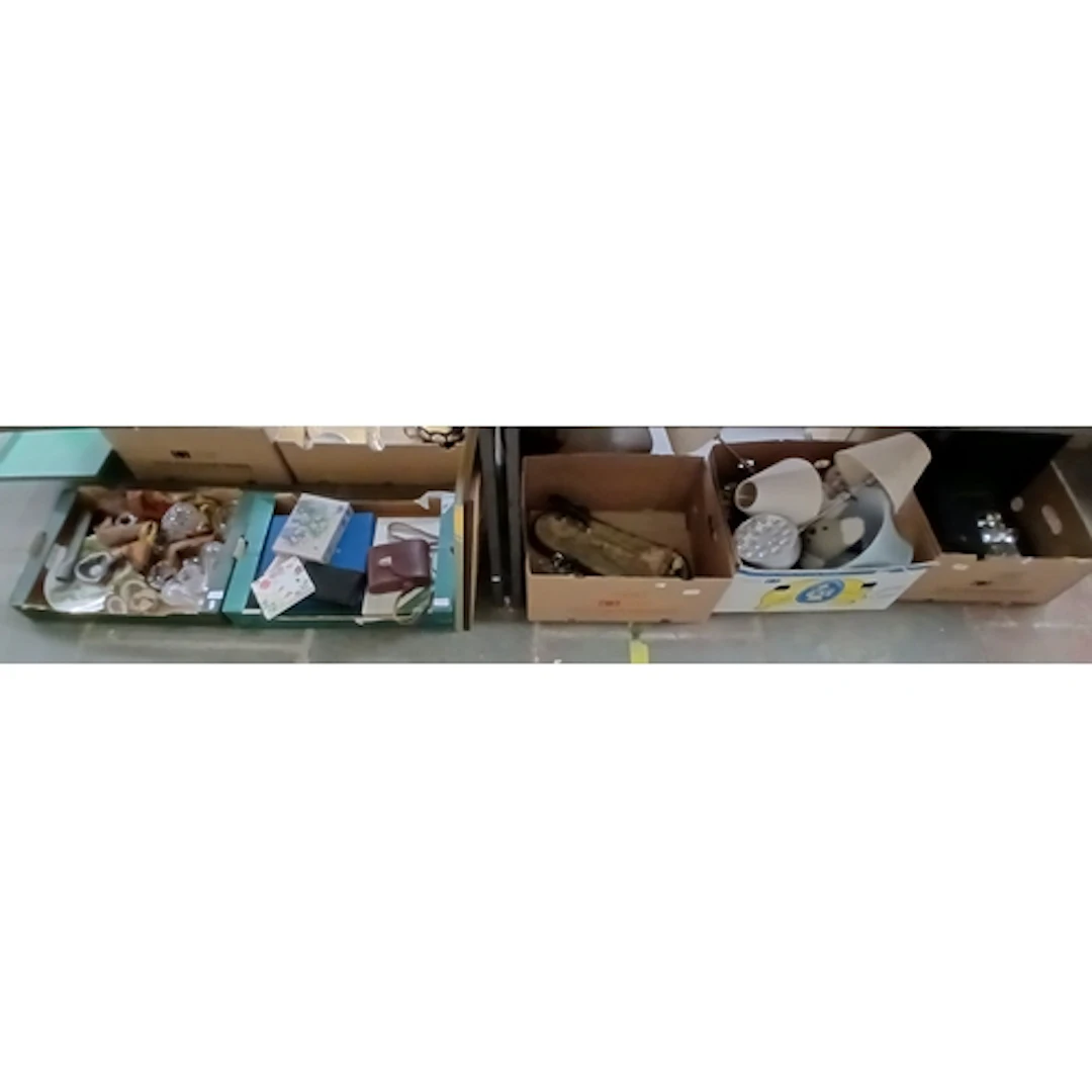 5 boxes of mixed items to include cutlery, table lamps, Bord...