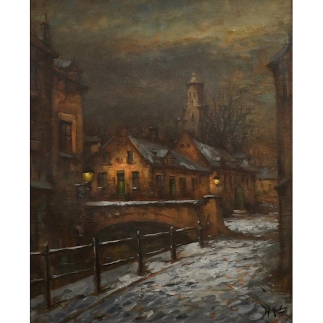 1970's school, winter town scene, signed, oil on canvas, 60 ...