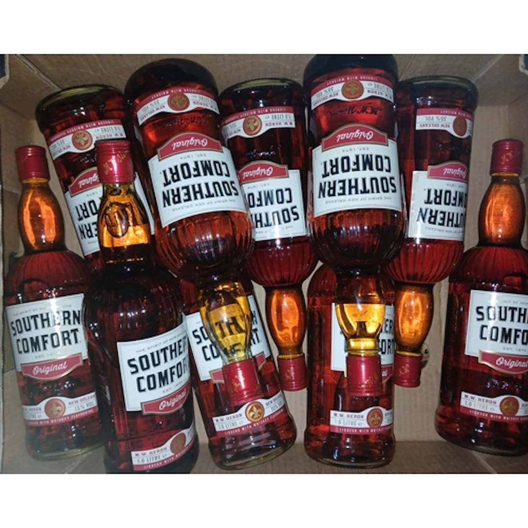 Ten 1 litre bottles of Southern Comfort.