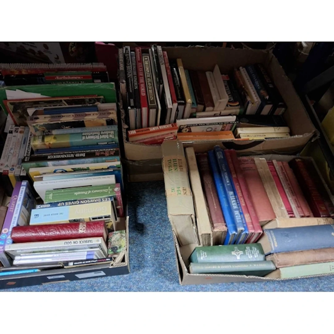 THREE BOXES OF BOOKS AND DVDS, over sixty books in hardback ...