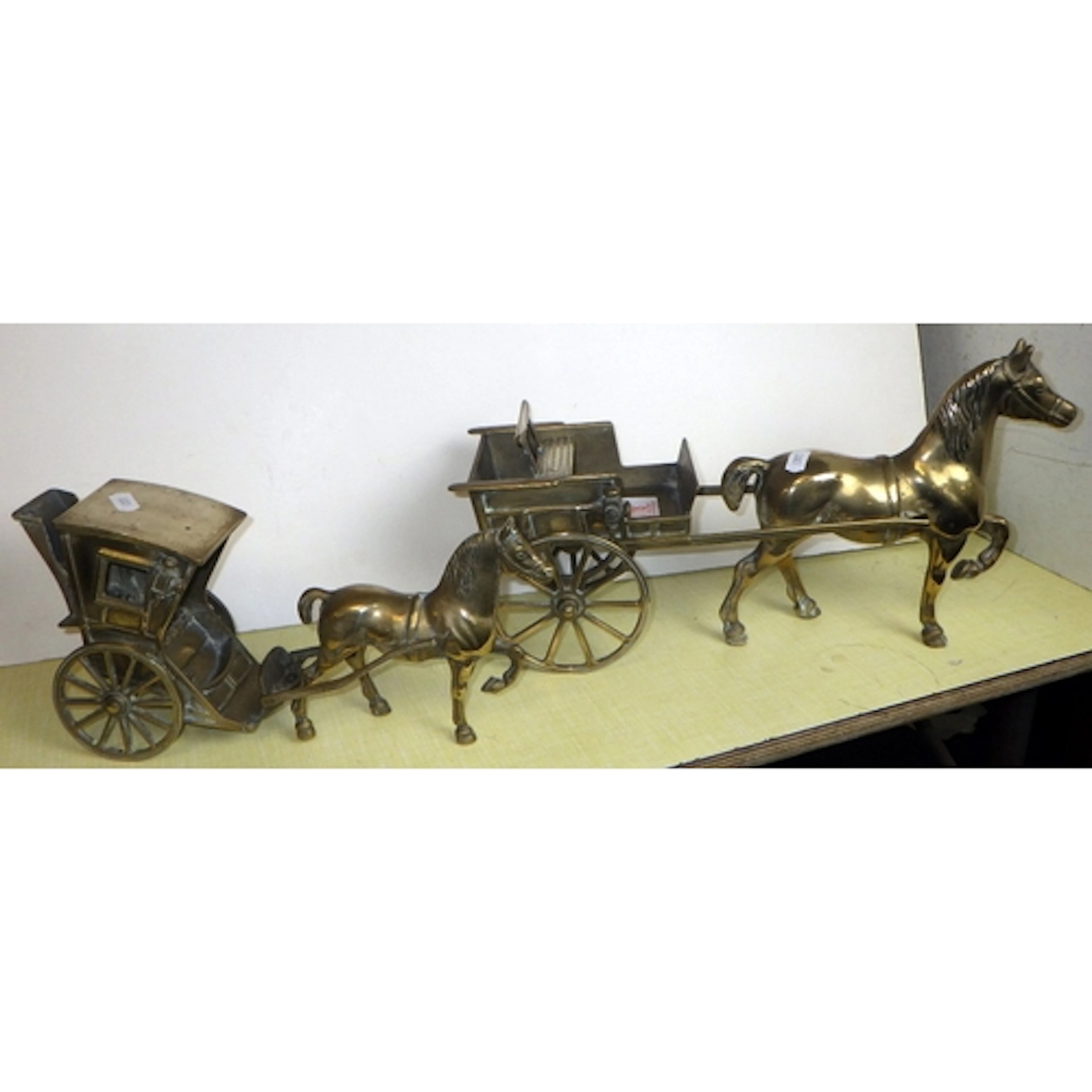 Two brass horse & cart figures