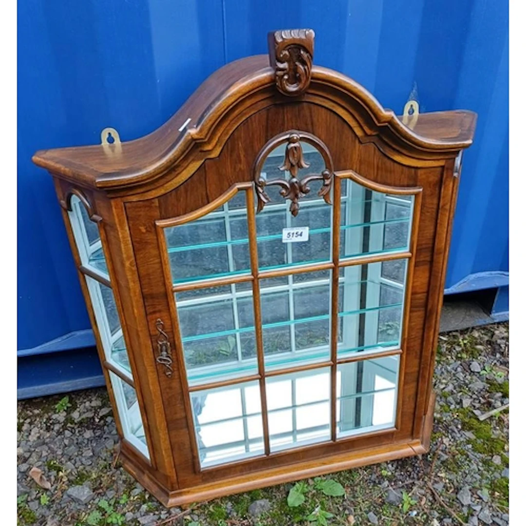 WALNUT WALL HANGING DISPLAY CABINET WITH SHAPED TOP, 72CM TA...